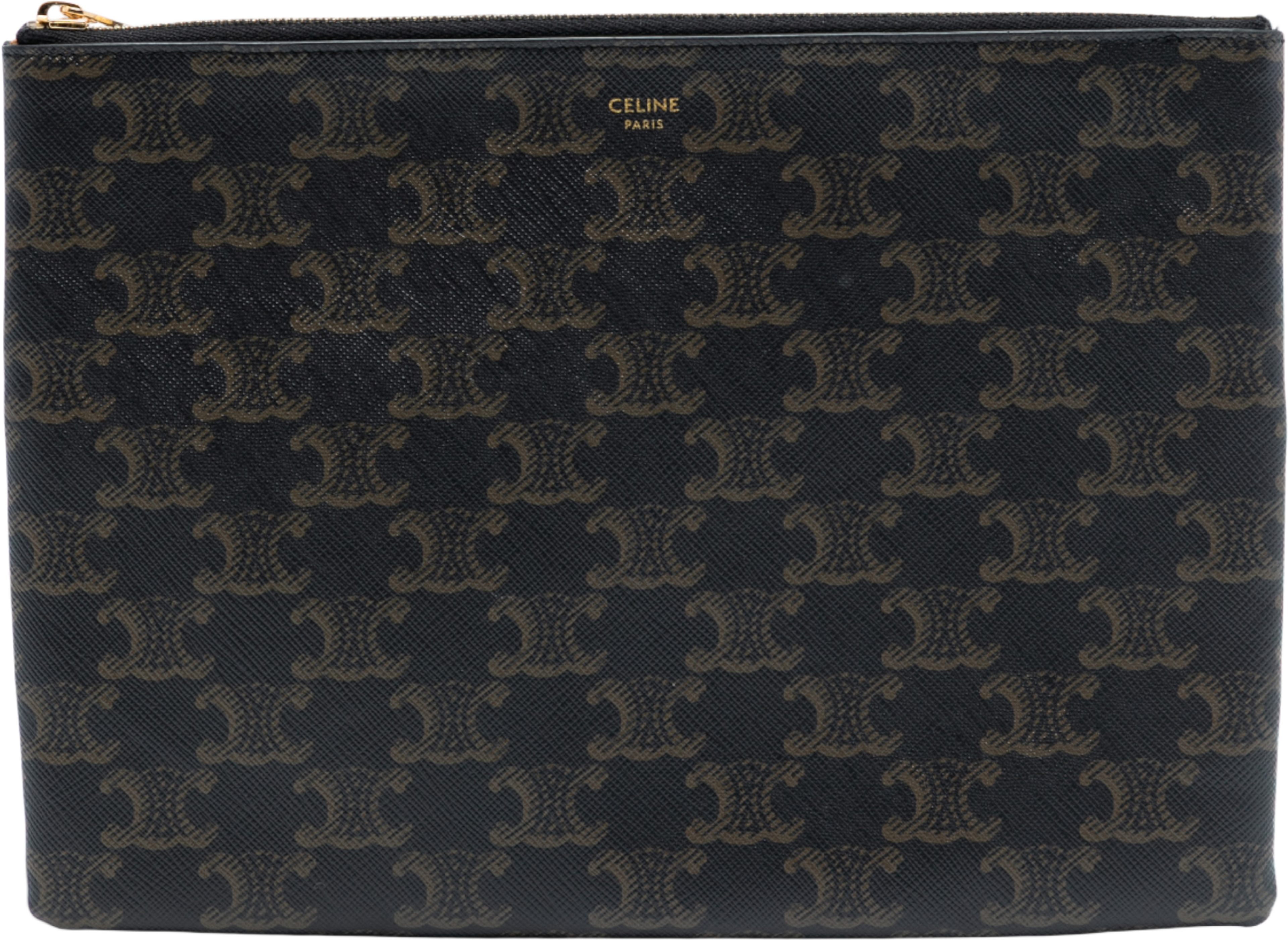 Celine Small Triomphe Coated Canvas Clutch, från Luxclusif, i färgen dark brown. Klicka för att öppna bilden i stort format