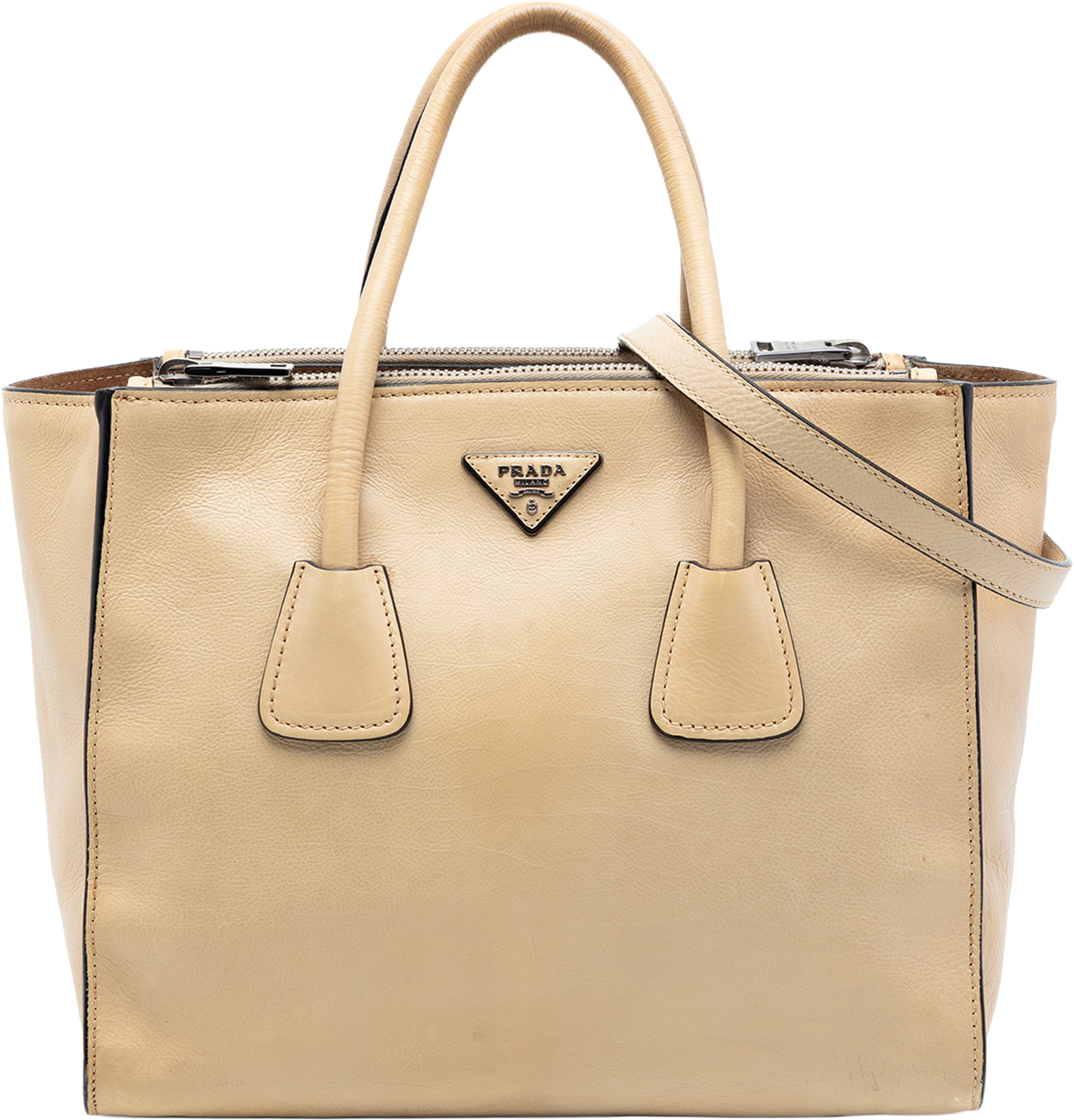 Prada Glace Calf Twin Pocket Double Handle Satchel, från Luxclusif, i färgen beige. Klicka för att öppna bilden i stort format