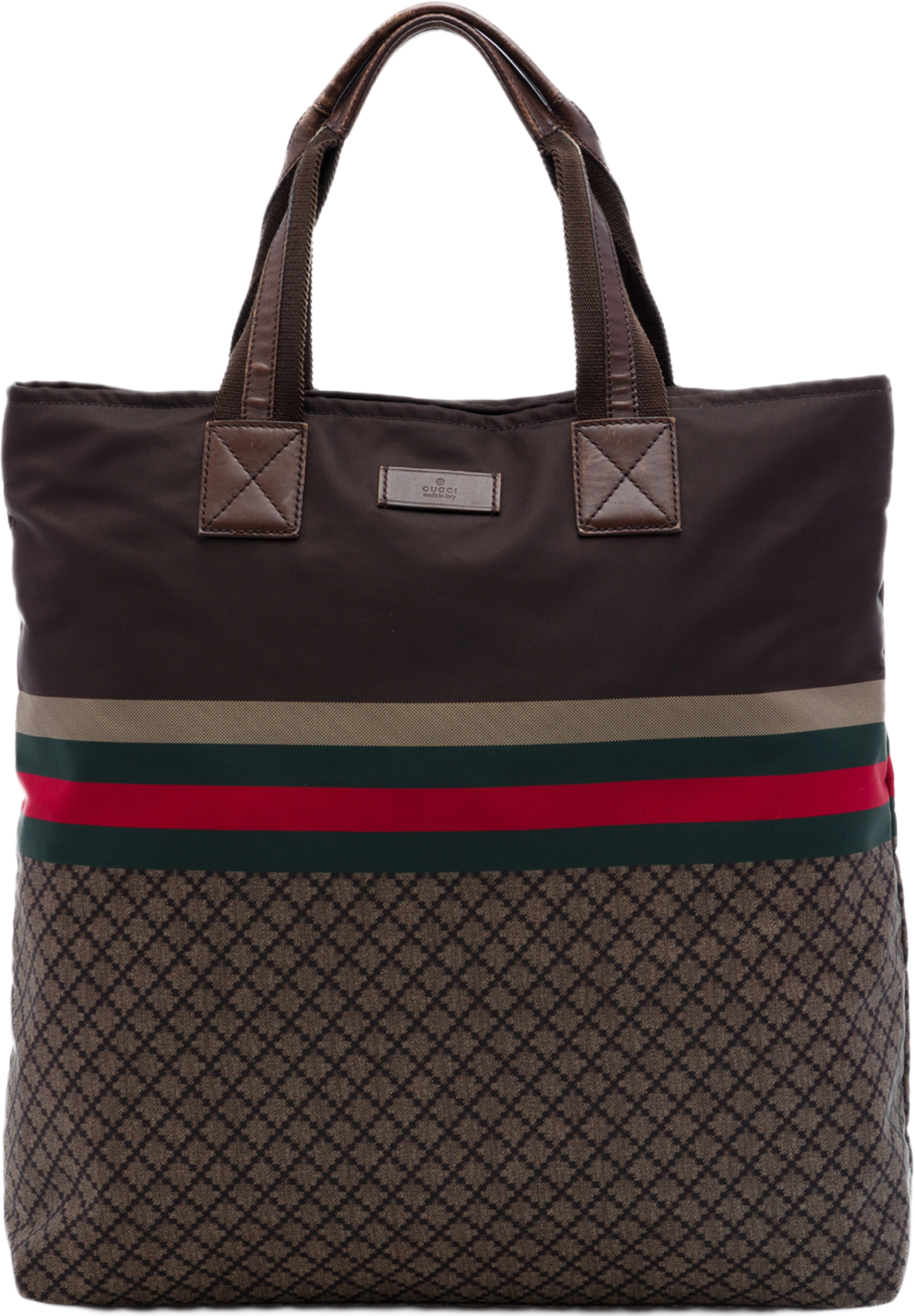 Gucci Diamante Nylon Web Tote, från Luxclusif, i färgen brun. Klicka för att öppna bilden i stort format