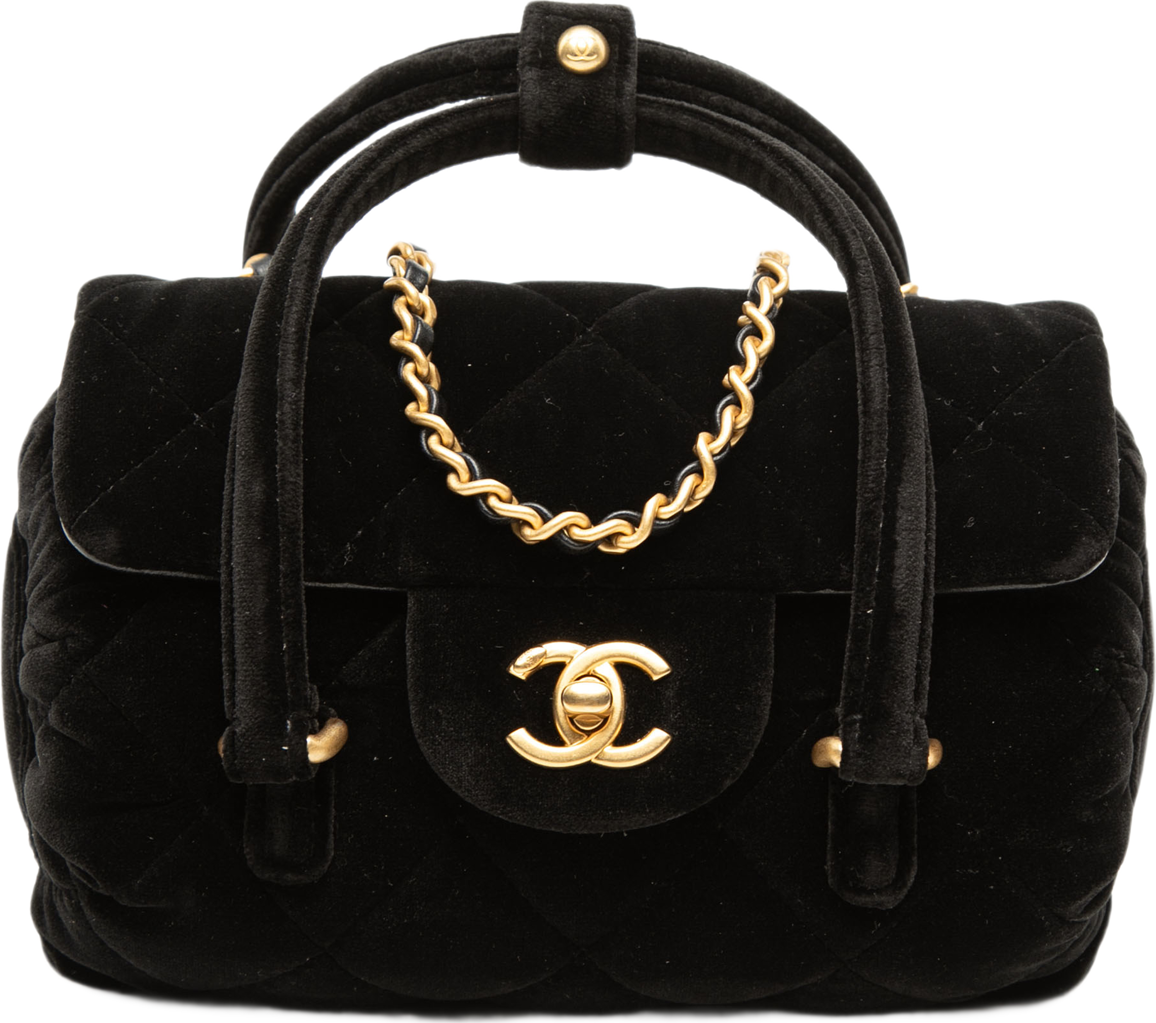 Chanel Mini Quilted Velvet Top Handle Flap, från Luxclusif, i färgen black. Klicka för att öppna bilden i stort format