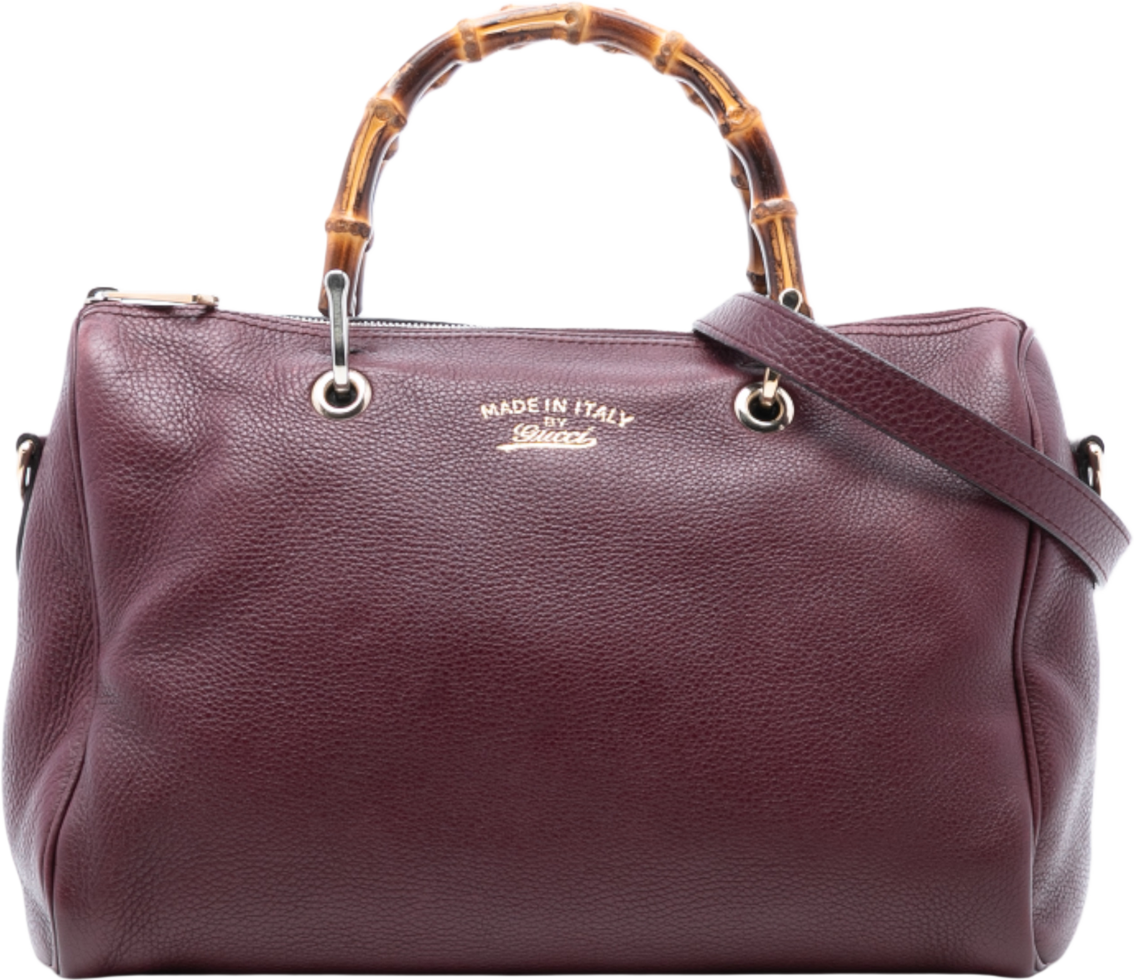 Gucci Medium Calfskin Bamboo Shopper Boston Bag, från Luxclusif, i färgen burgundy. Klicka för att öppna bilden i stort format