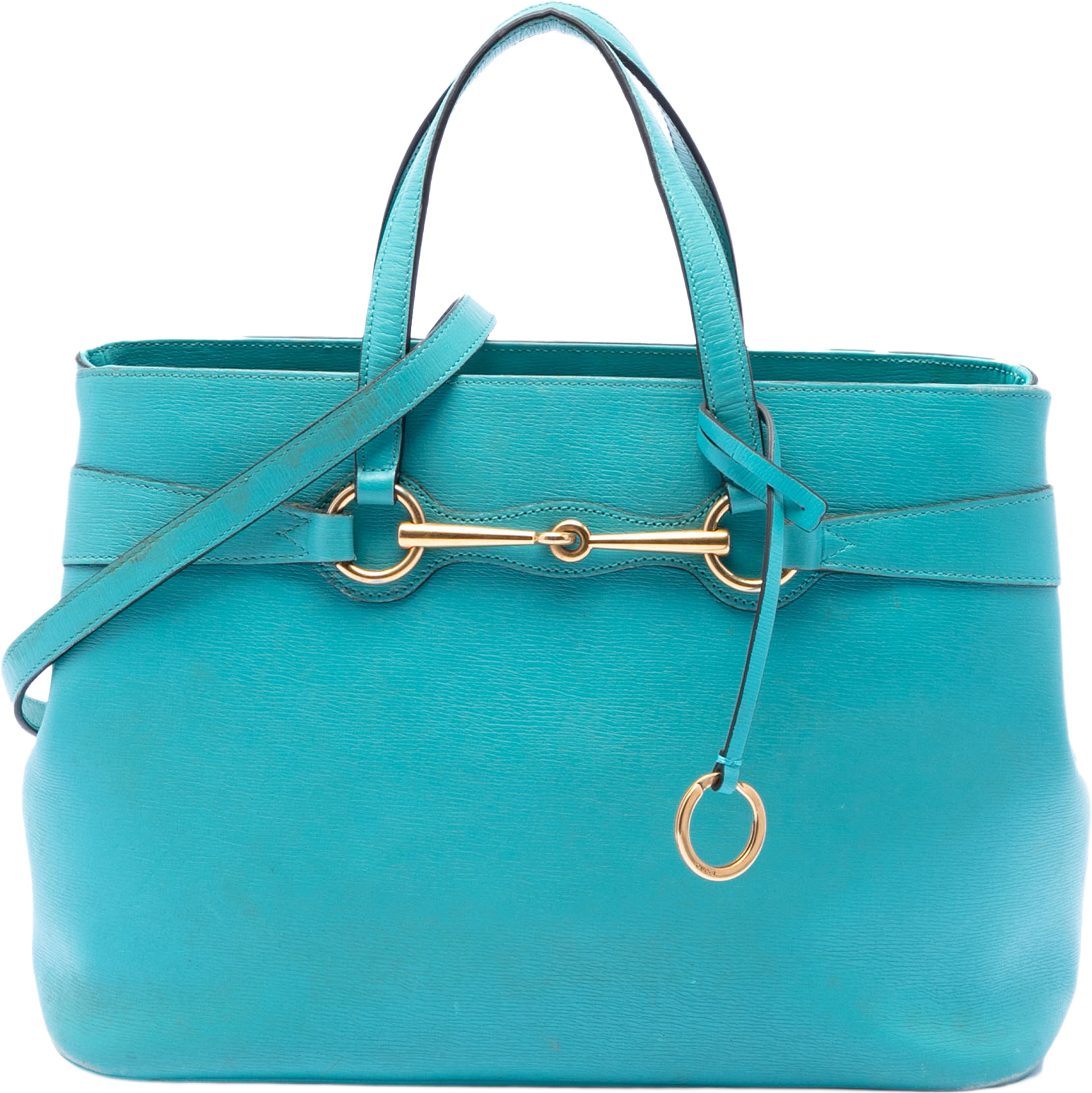 Gucci Leather Bright Bit Satchel, från Luxclusif, i färgen turquoise. Klicka för att öppna bilden i stort format