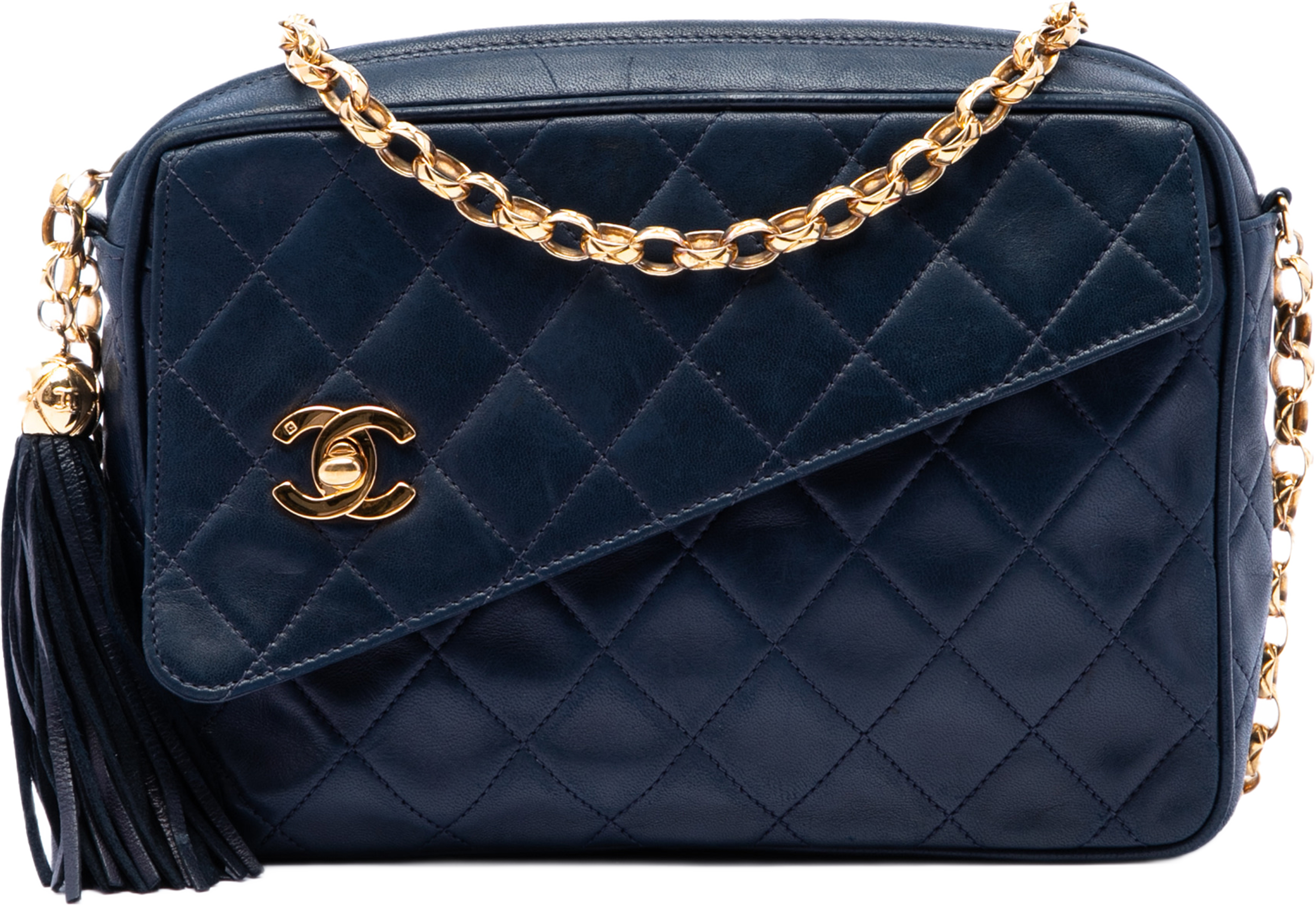 Chanel Cc Quilted Lambskin Tassel Camera Bag, från Luxclusif, i färgen blå. Klicka för att öppna bilden i stort format