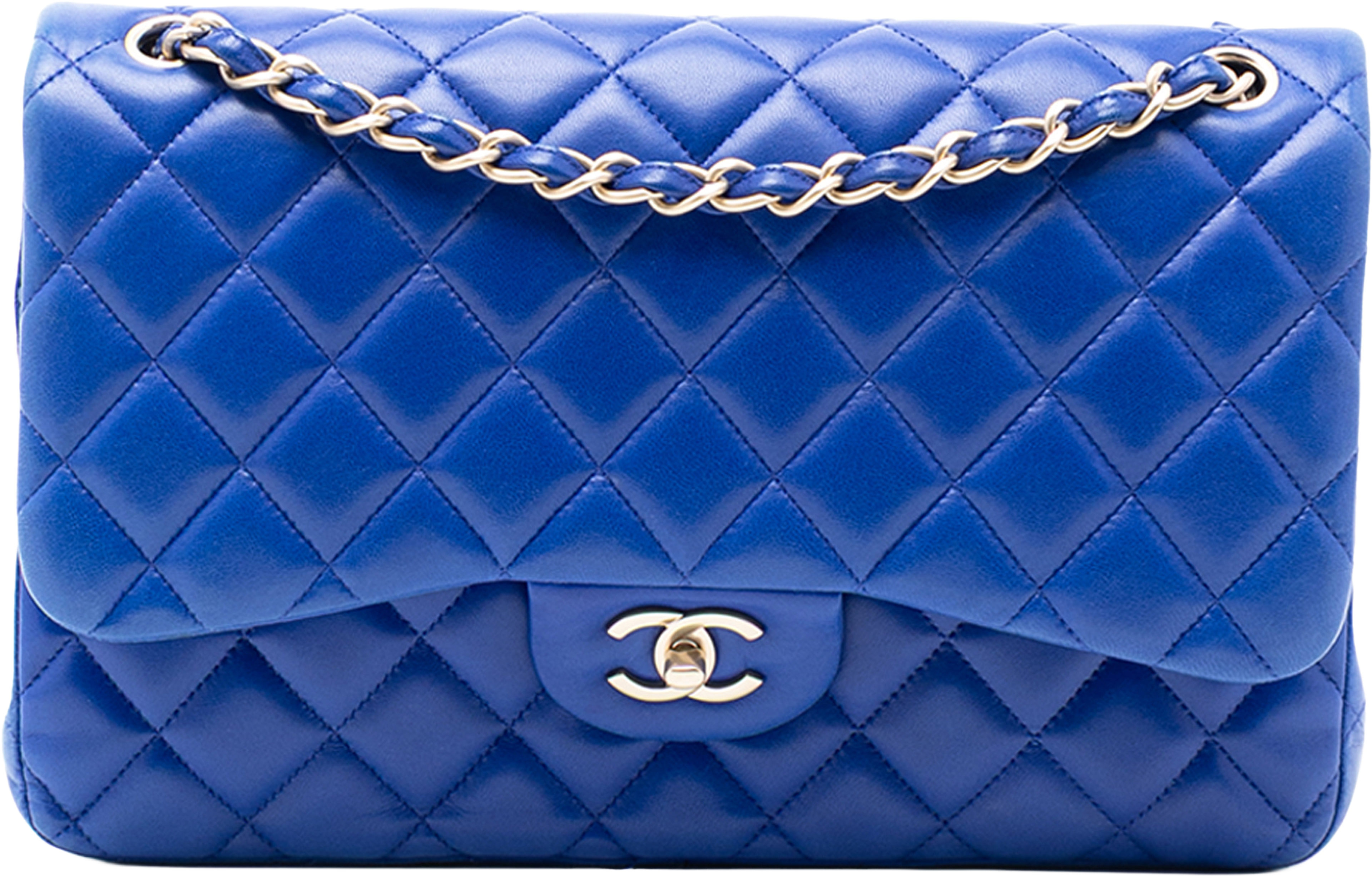 Chanel Jumbo Classic Lambskin Double Flap, från Luxclusif, i färgen blue. Klicka för att öppna bilden i stort format