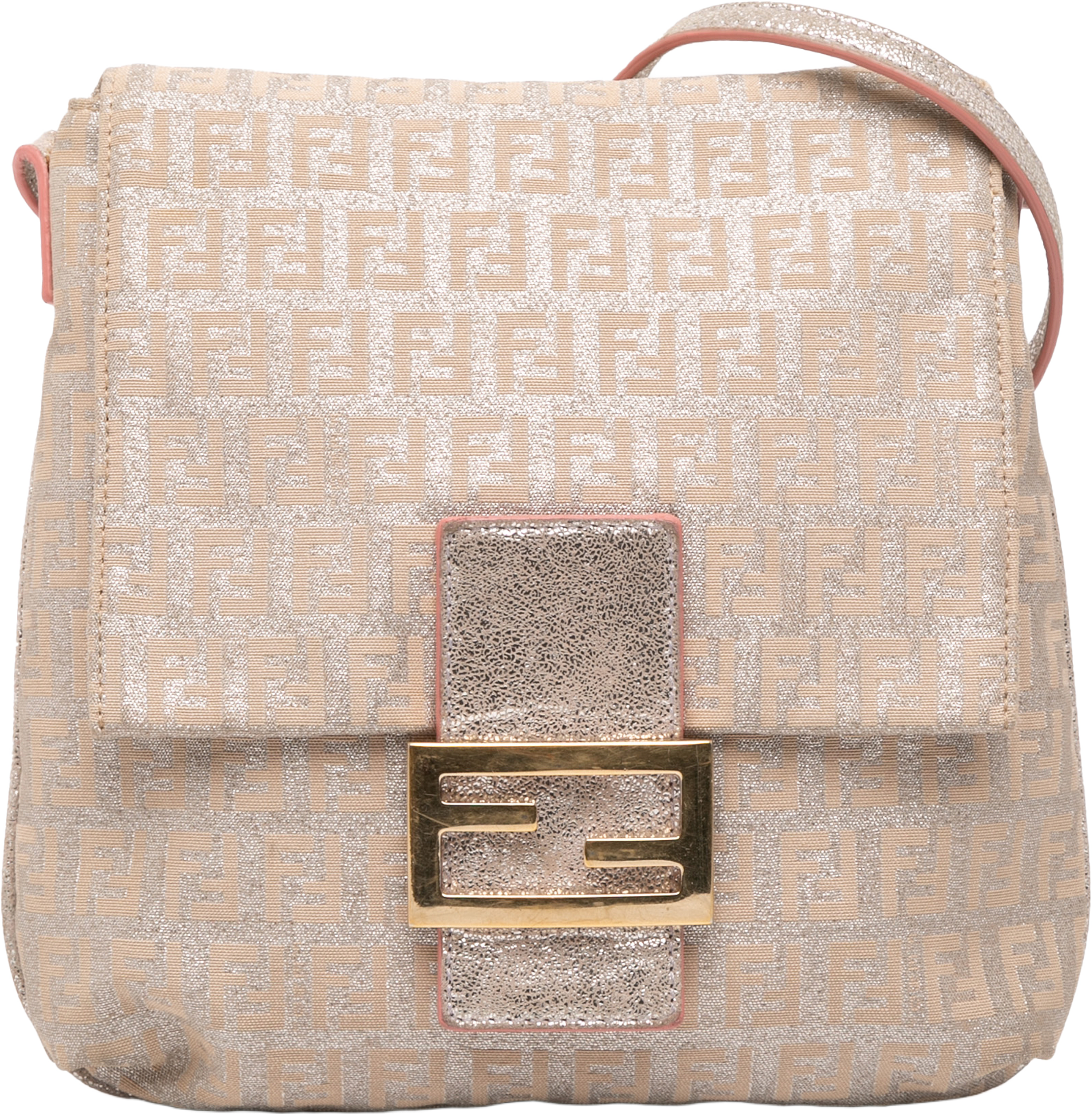 Fendi Zucchino Metallic Canvas Flap Crossbody, från Luxclusif, i färgen gold. Klicka för att öppna bilden i stort format