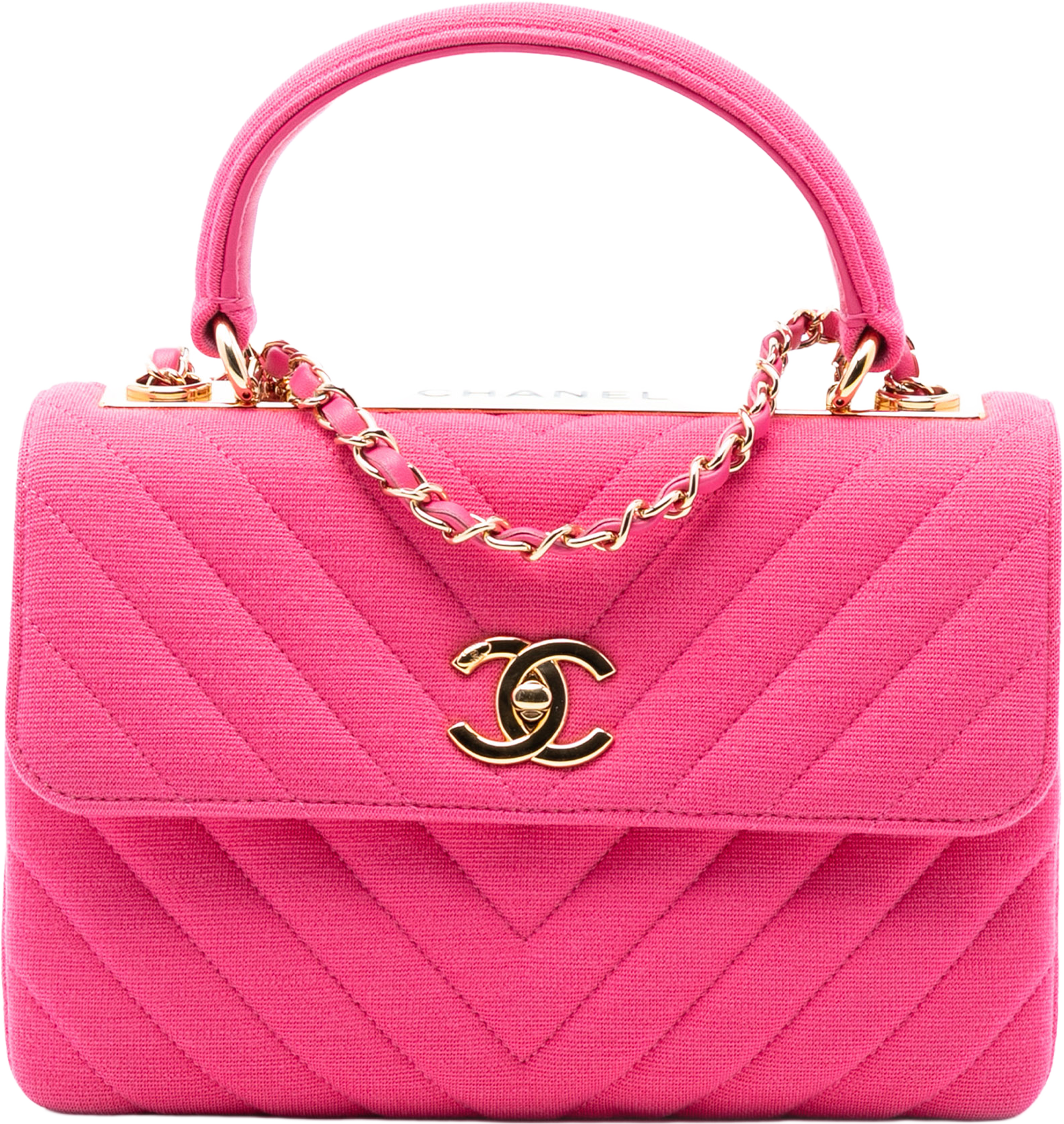 Chanel Small Chevron Jersey Trendy Cc Top Handle Flap, från Luxclusif, i färgen hot pink. Klicka för att öppna bilden i stort format