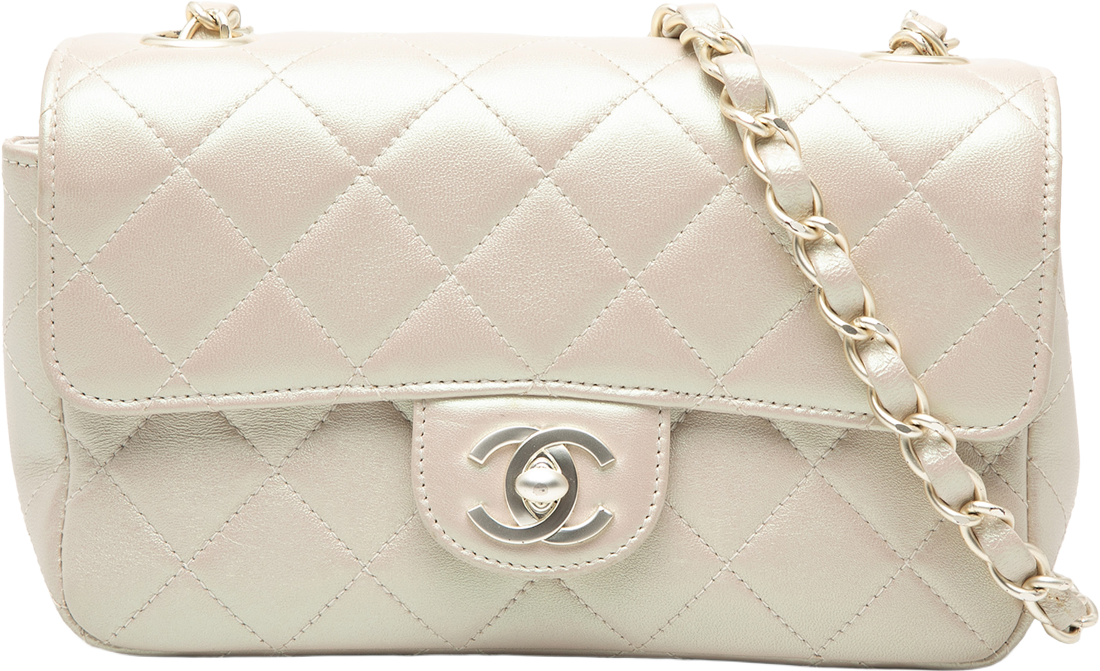 Chanel Mini Rectangular Classic Iridescent Lambskin Single Flap, från Luxclusif, i färgen pearl. Klicka för att öppna bilden i stort format