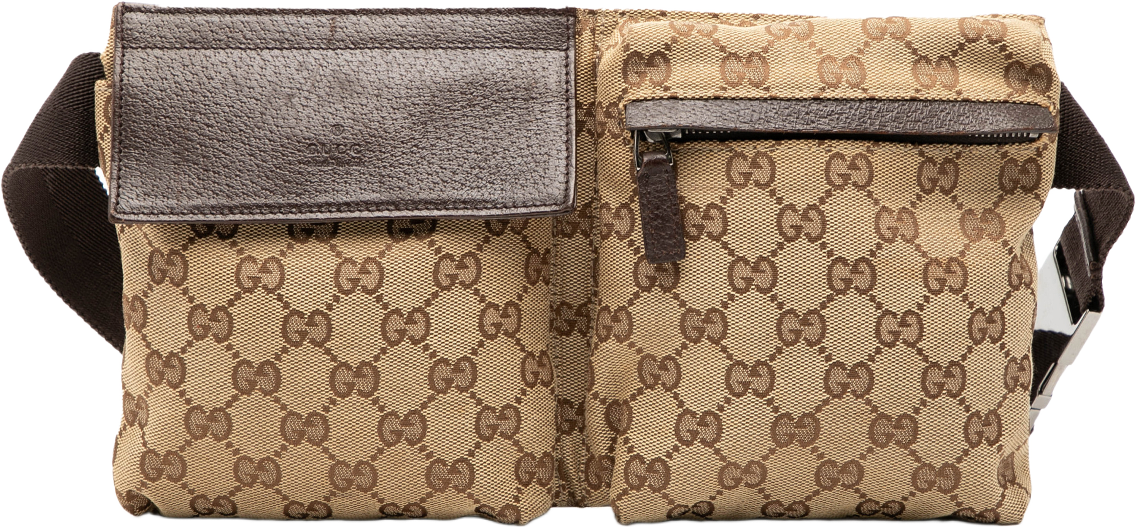 Gucci Gg Canvas Double Pocket Belt Bag, från Luxclusif, i färgen beige. Klicka för att öppna bilden i stort format