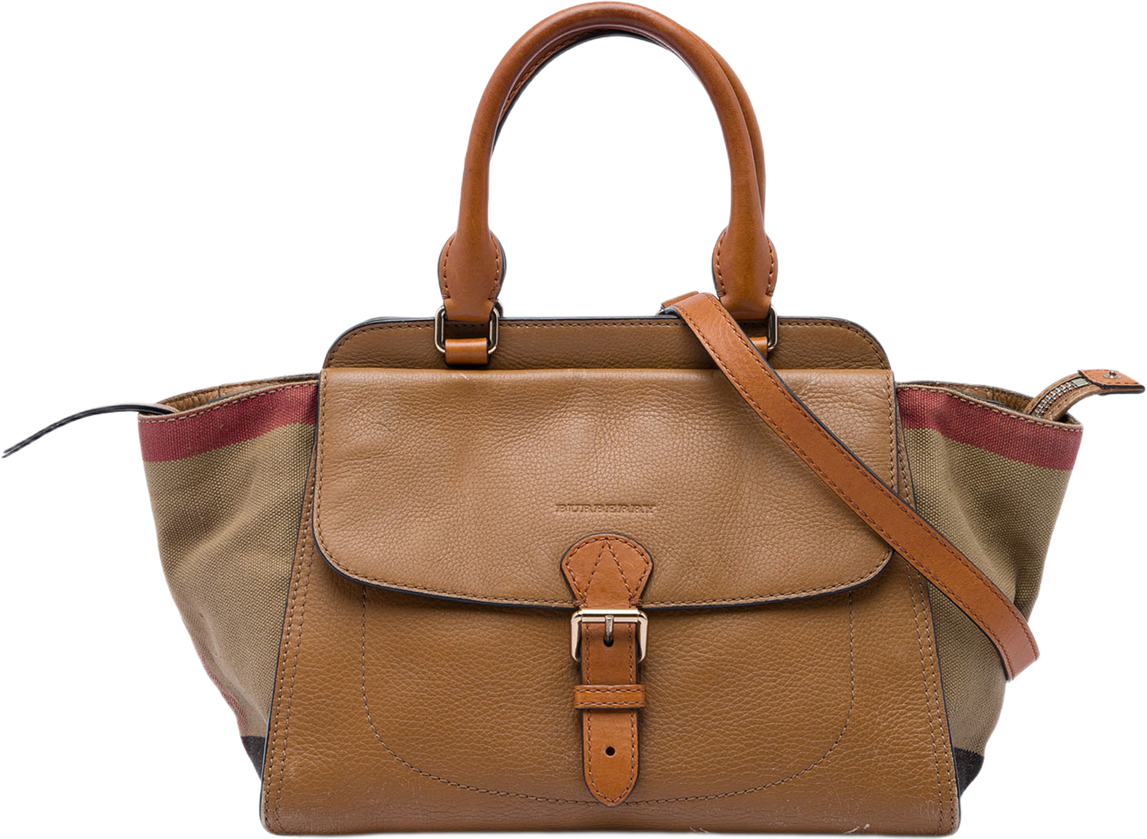 Burberry Leather And House Check Canvas Harcourt Satchel, från Luxclusif, i färgen brun. Klicka för att öppna bilden i stort format