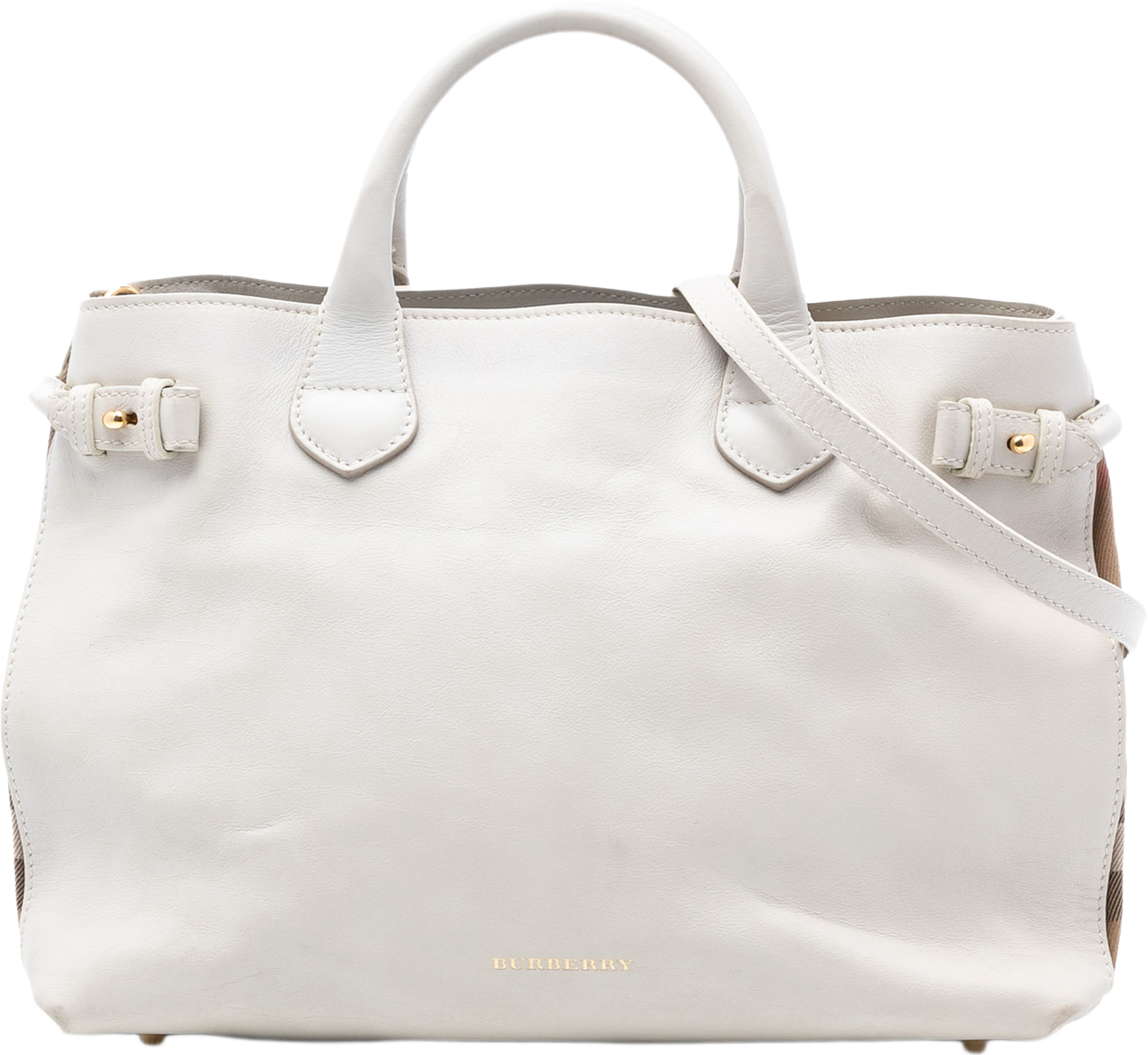 Burberry Medium Leather And House Check Banner Satchel, från Luxclusif, i färgen white. Klicka för att öppna bilden i stort format