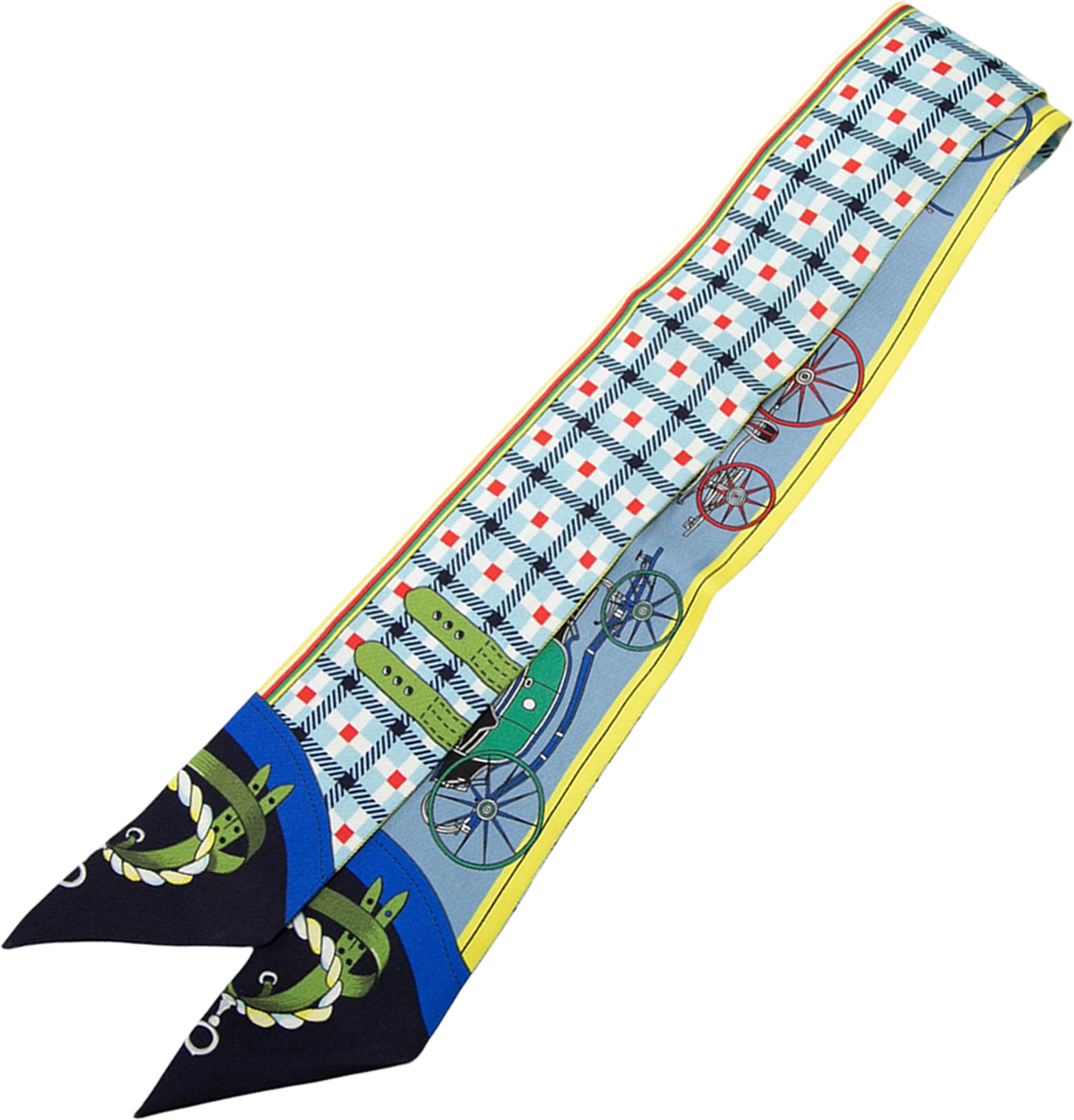 Hermès Les Voitures Nouvelles Silk Twilly Scarf, från Luxclusif, i färgen light blue. Klicka för att öppna bilden i stort format