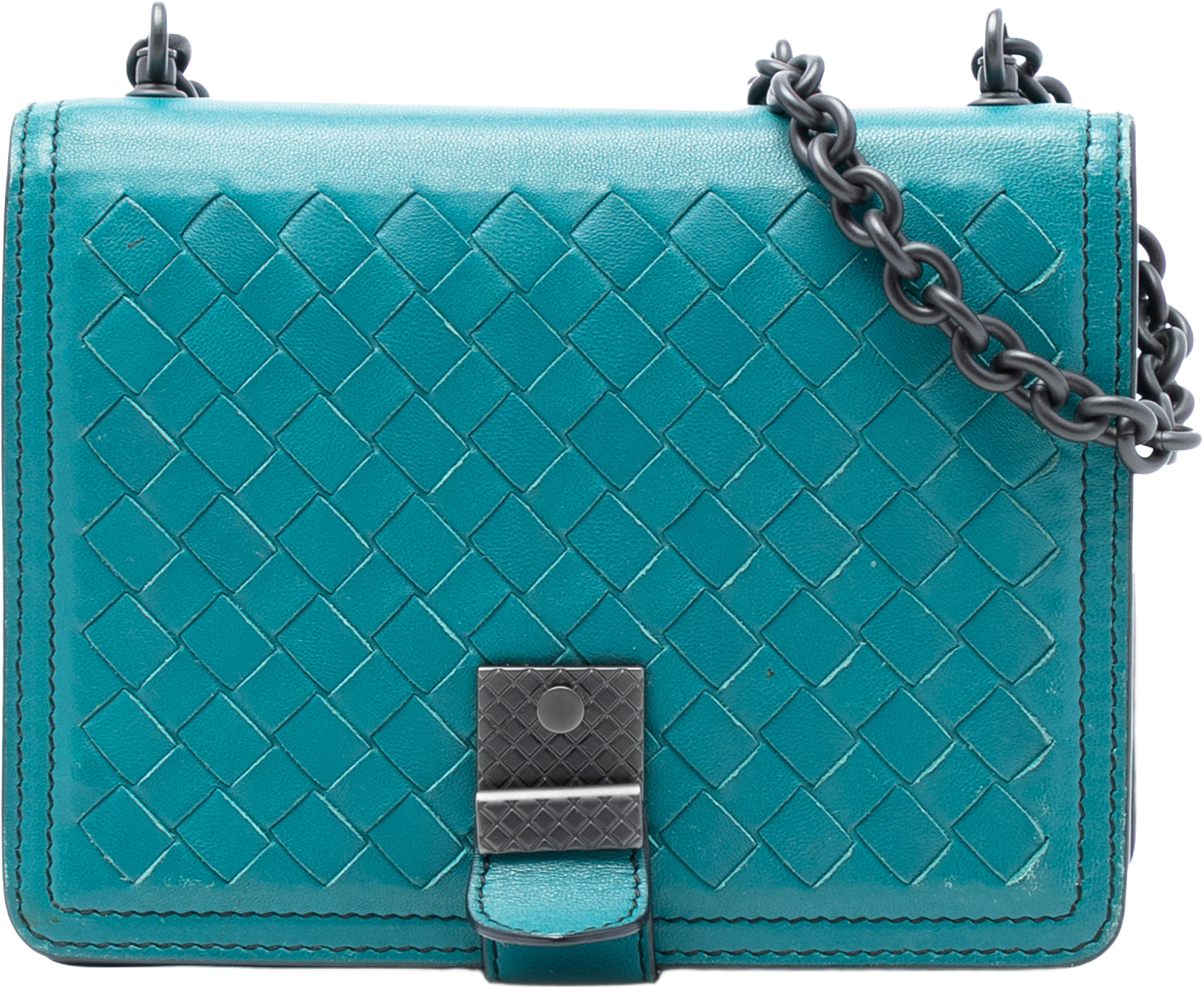 Bottega Veneta Mini Nappa Intrecciato Runway Shoulder Bag, från Luxclusif, i färgen turquoise. Klicka för att öppna bilden i stort format