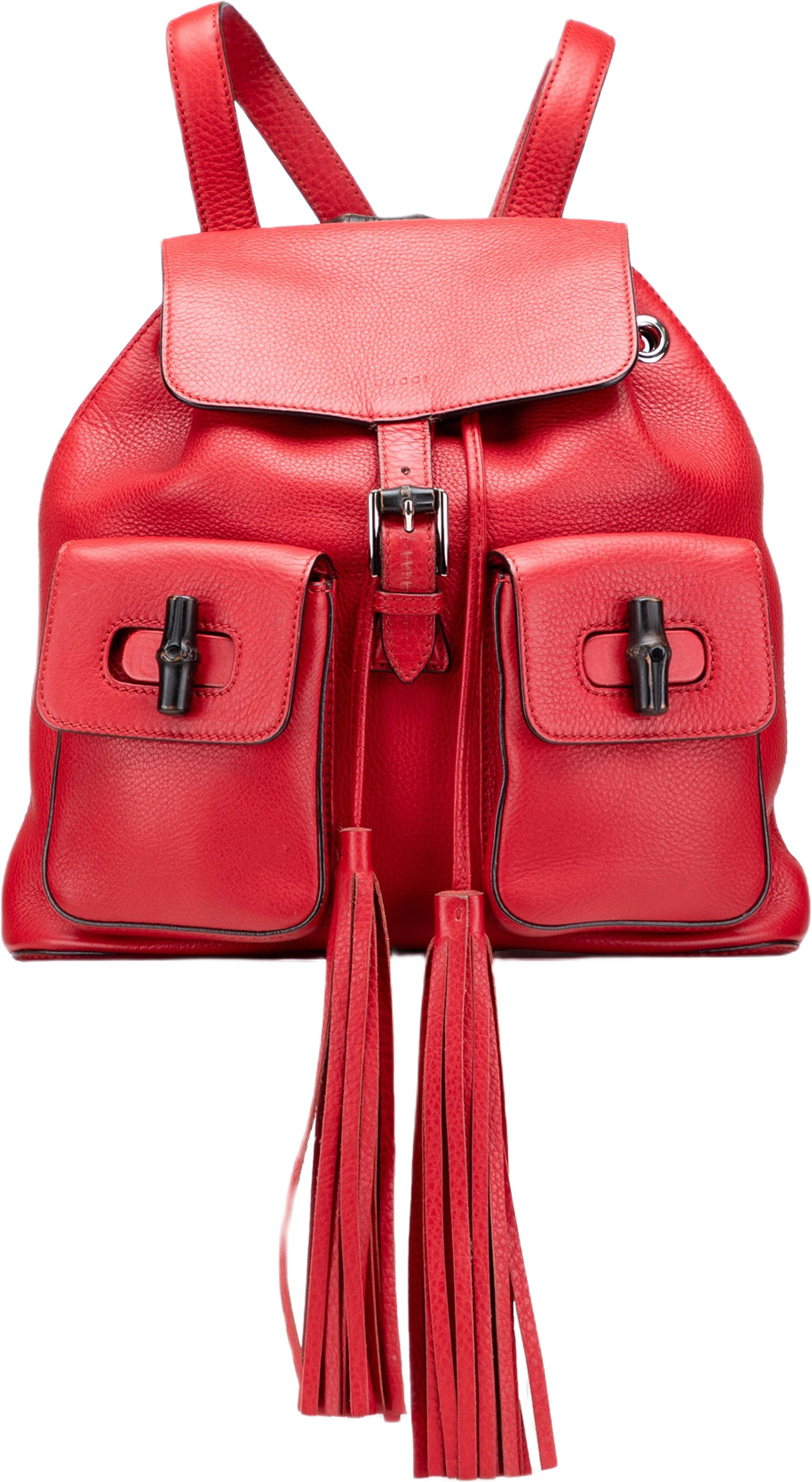 Gucci Leather Bamboo Tassel Backpack, från Luxclusif, i färgen red.