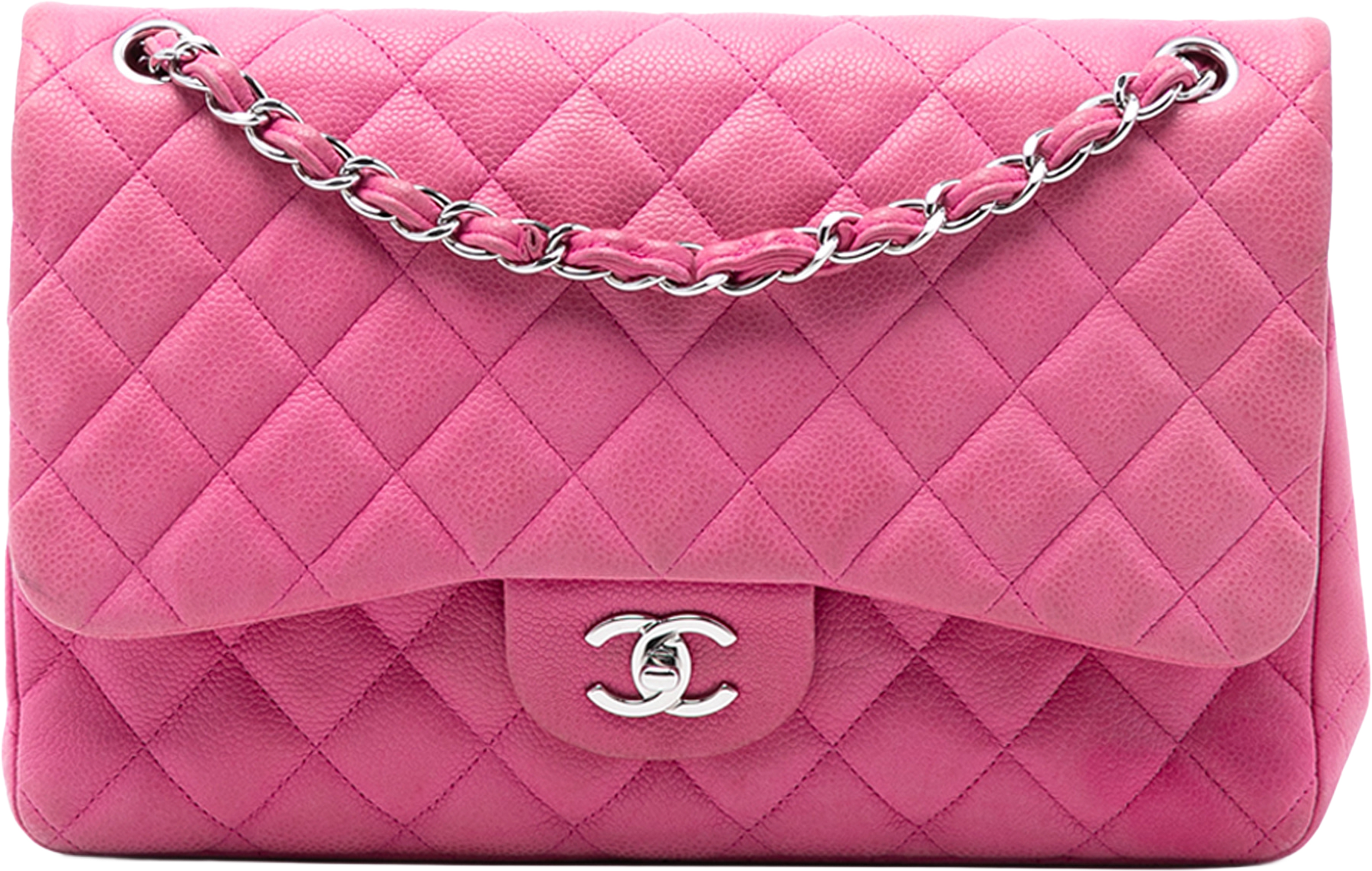 Chanel Jumbo Classic Caviar Double Flap, från Luxclusif, i färgen pink. Klicka för att öppna bilden i stort format