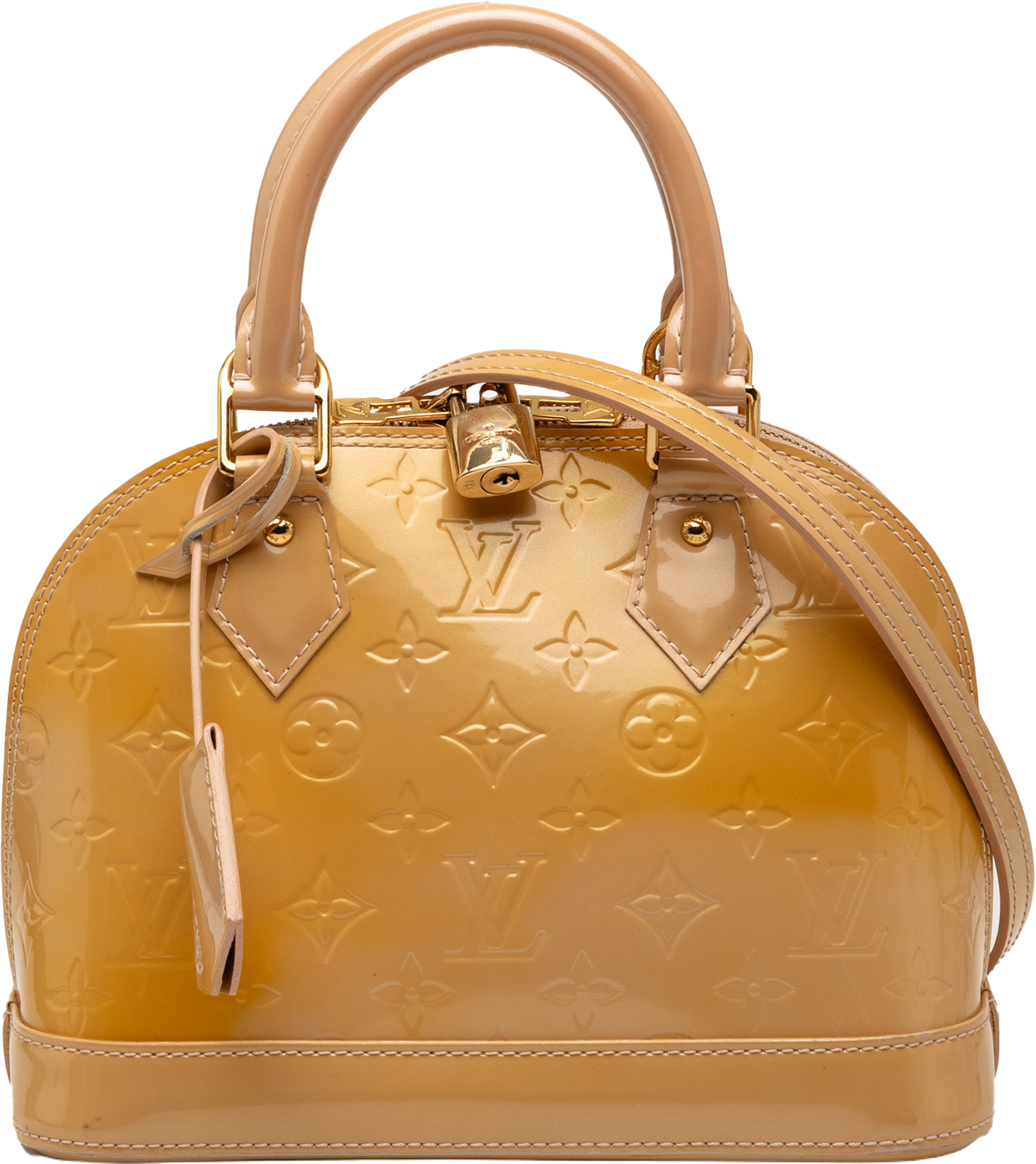 Louis Vuitton Monogram Vernis Alma Bb, från Luxclusif, i färgen camel. Klicka för att öppna bilden i stort format