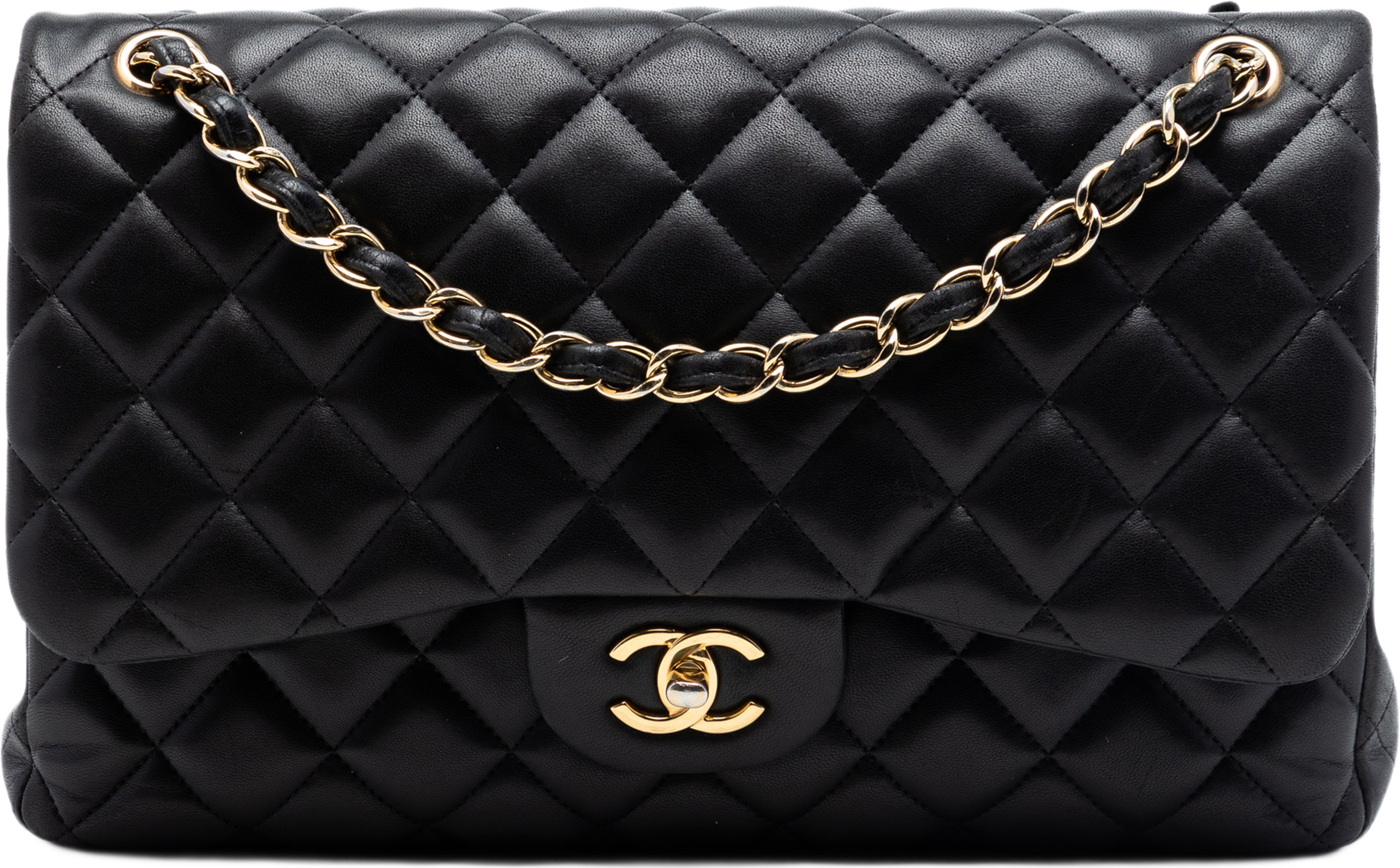 Chanel Jumbo Classic Lambskin Double Flap, från Luxclusif, i färgen black. Klicka för att öppna bilden i stort format