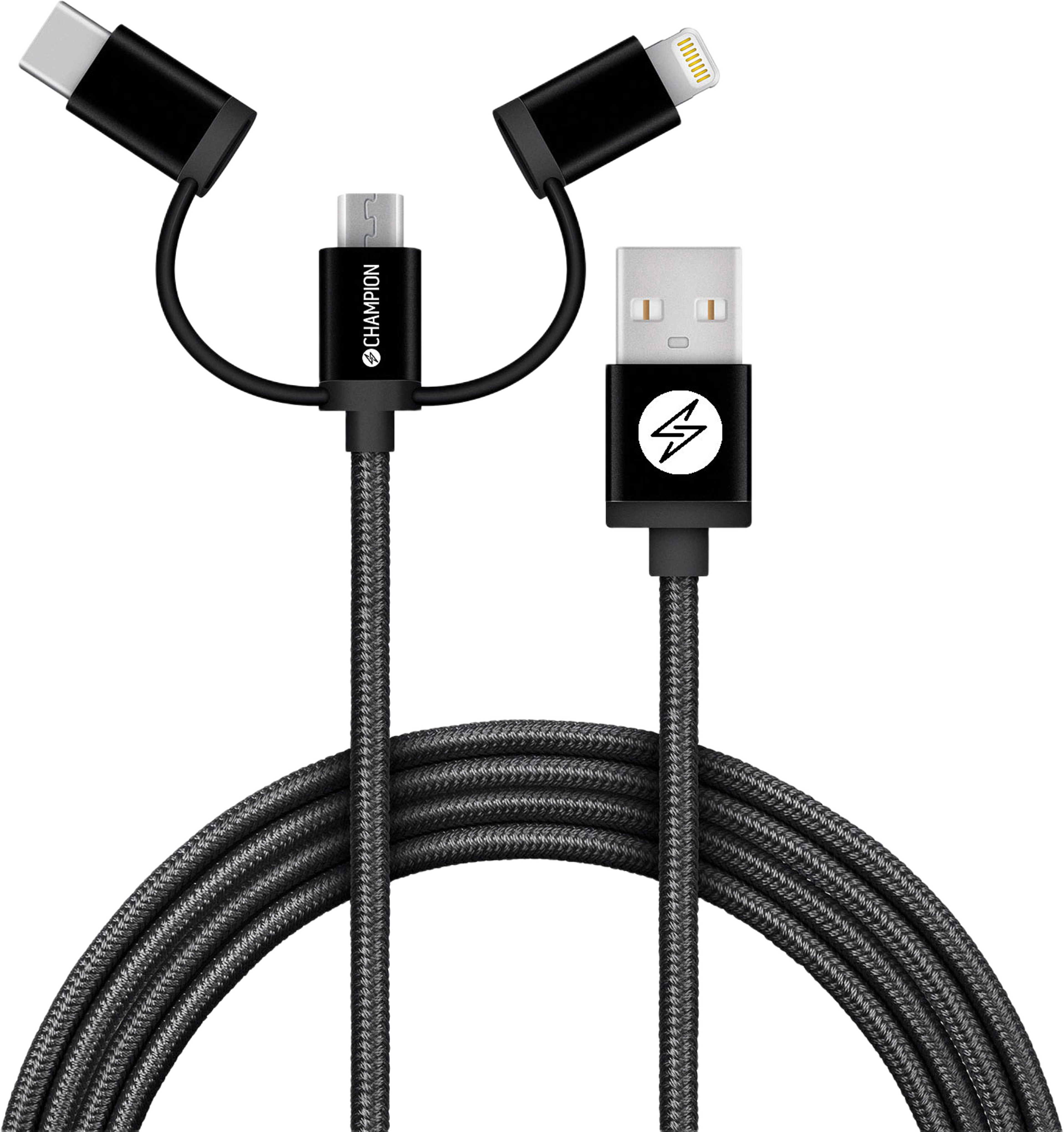 Usb-a Till Lightning, Usb-c Och Micro-usb 1,5m, från Champion Nordic, i färgen svart. Klicka för att öppna bilden i stort format