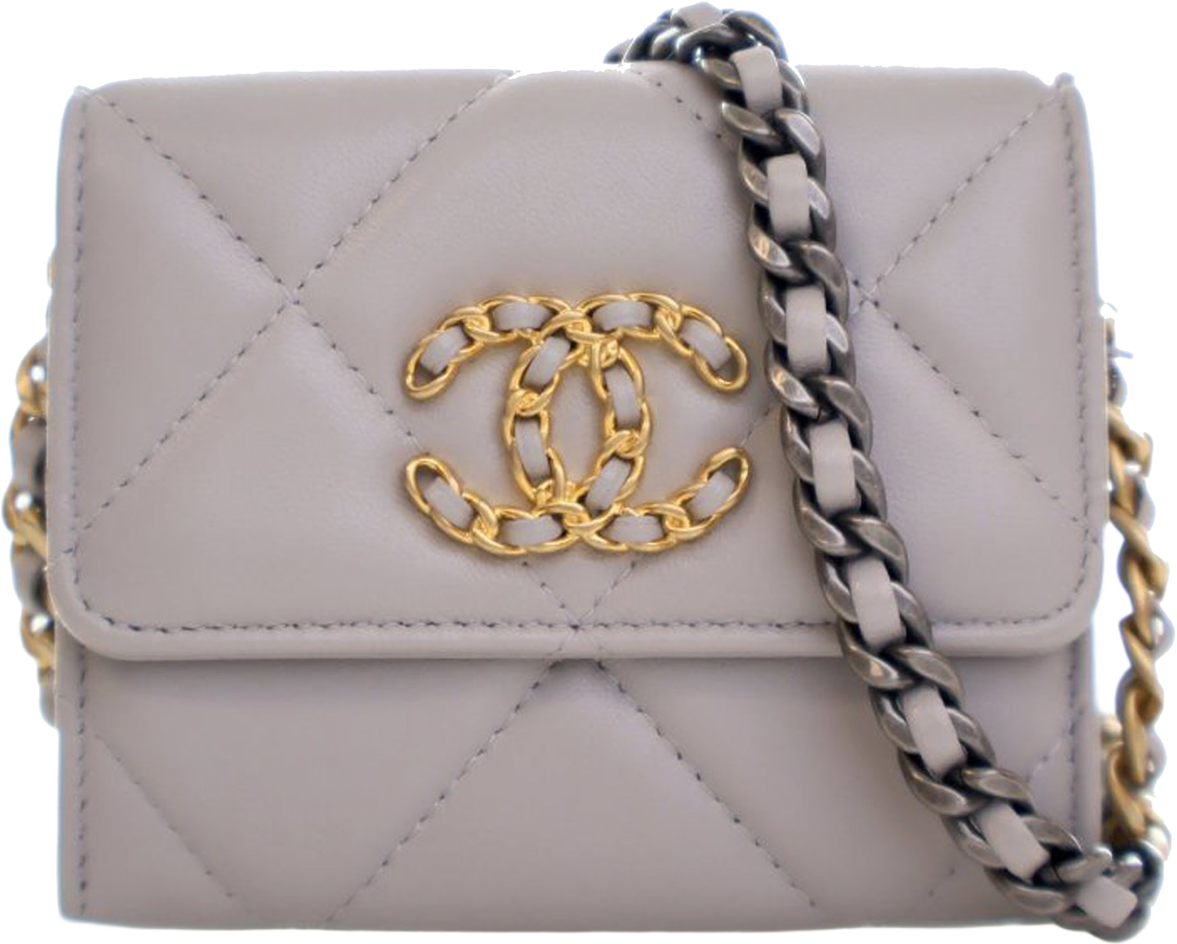 Chanel Quilted Lambskin 19 Flap Coin Purse With Chain, från Luxclusif, i färgen light gray. Klicka för att öppna bilden i stort format