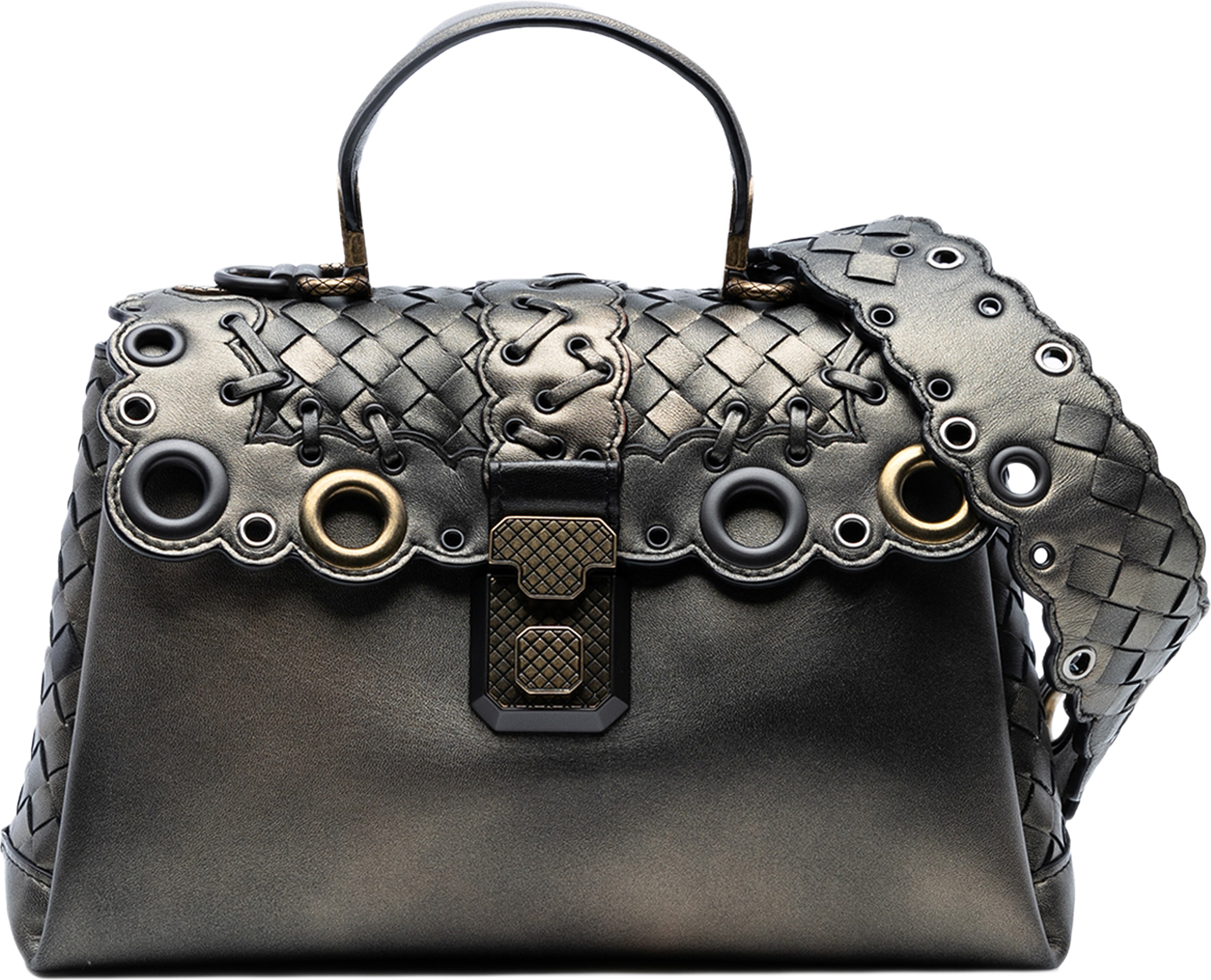 Bottega Veneta Small Intrecciato Trimmed Metallic Nappa Grommet Piazza Satchel, från Luxclusif, i färgen bronze. Klicka för att öppna bilden i stort format