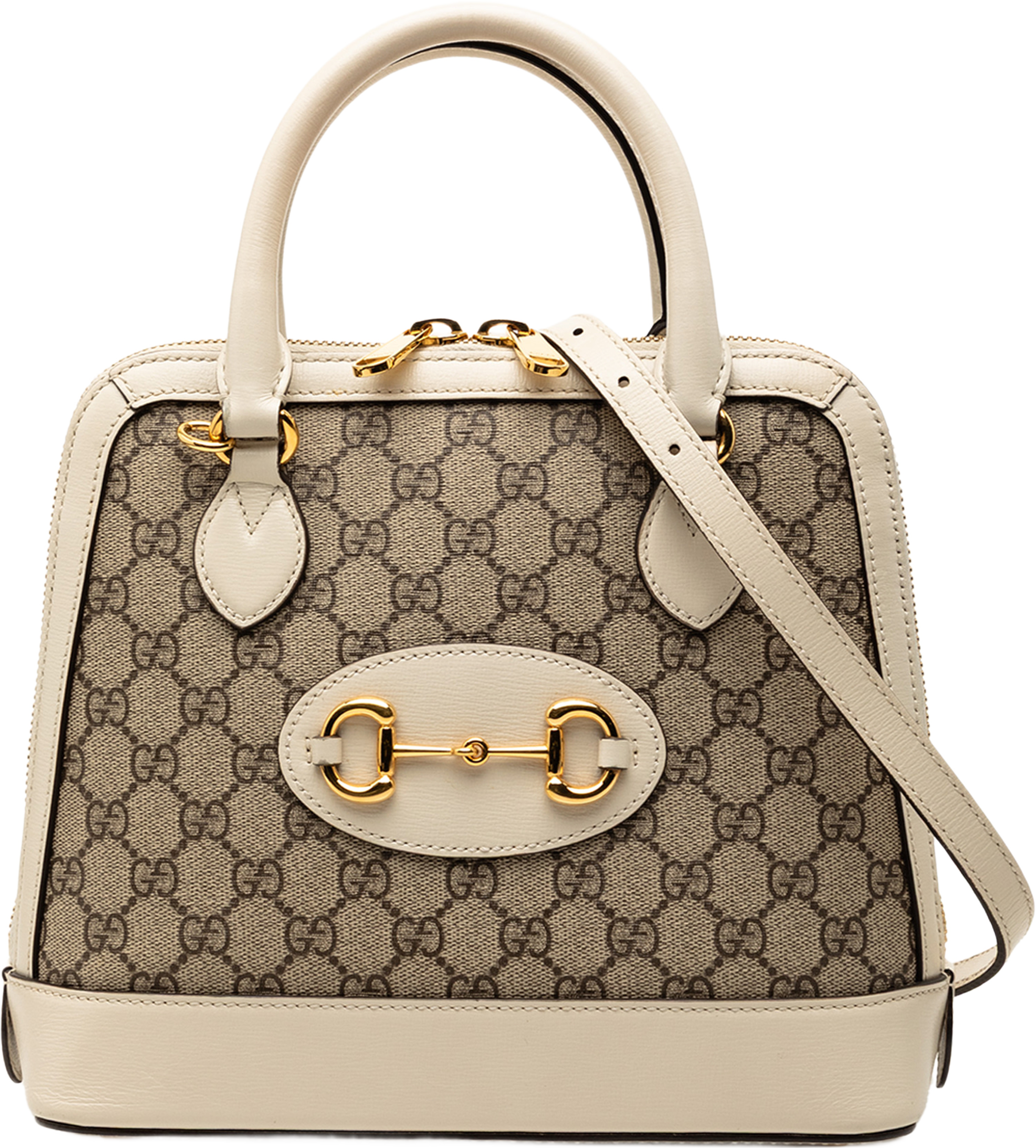 Gucci Small Gg Supreme Horsebit 1955 Satchel, från Luxclusif, i färgen beige. Klicka för att öppna bilden i stort format