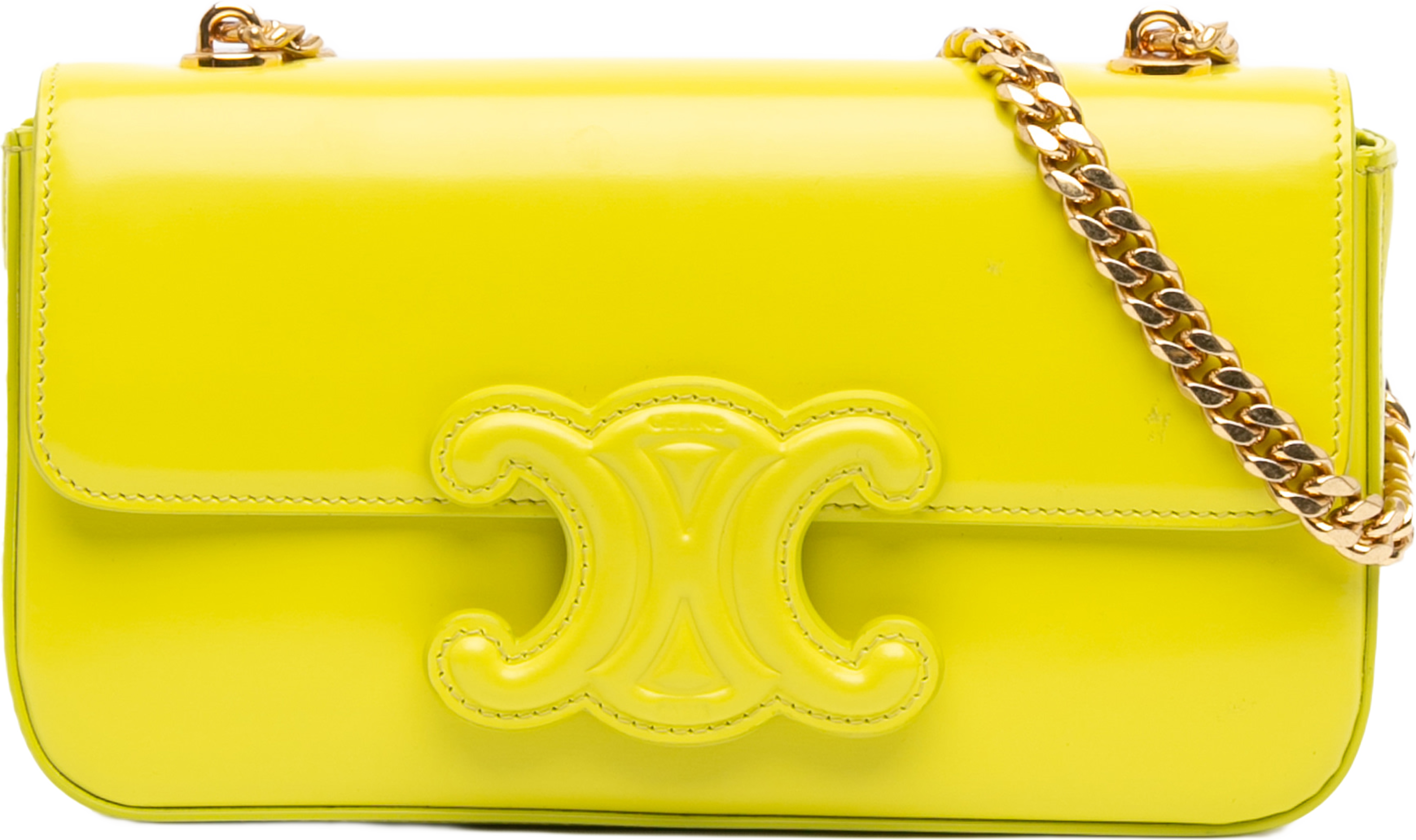 Celine Triomphe Calfskin Cuir Chain Shoulder Bag, från Luxclusif, i färgen neon yellow. Klicka för att öppna bilden i stort format