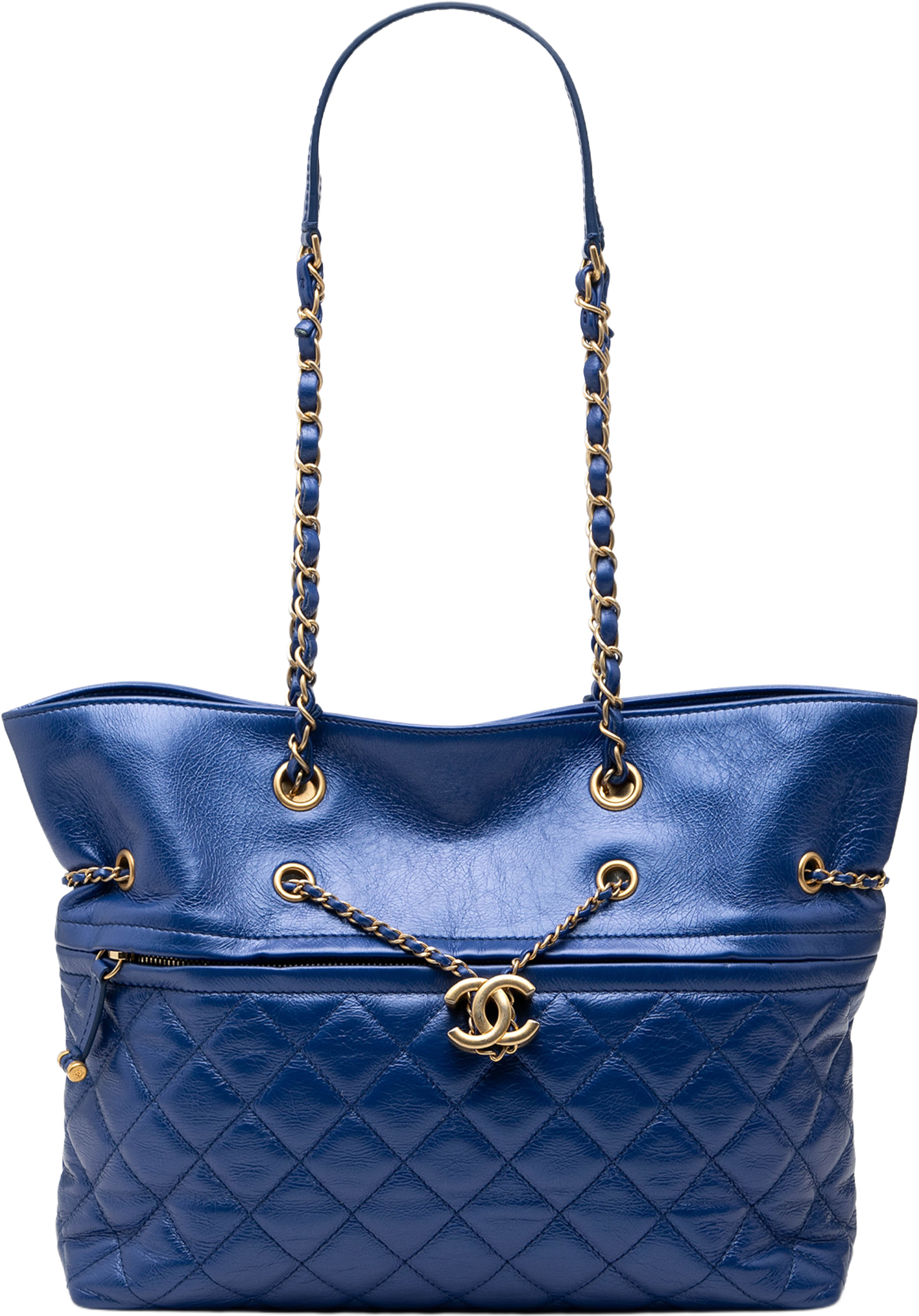 Chanel Cc Calfskin Front Zip Drawstring Chain Tote, från Luxclusif, i färgen blue. Klicka för att öppna bilden i stort format