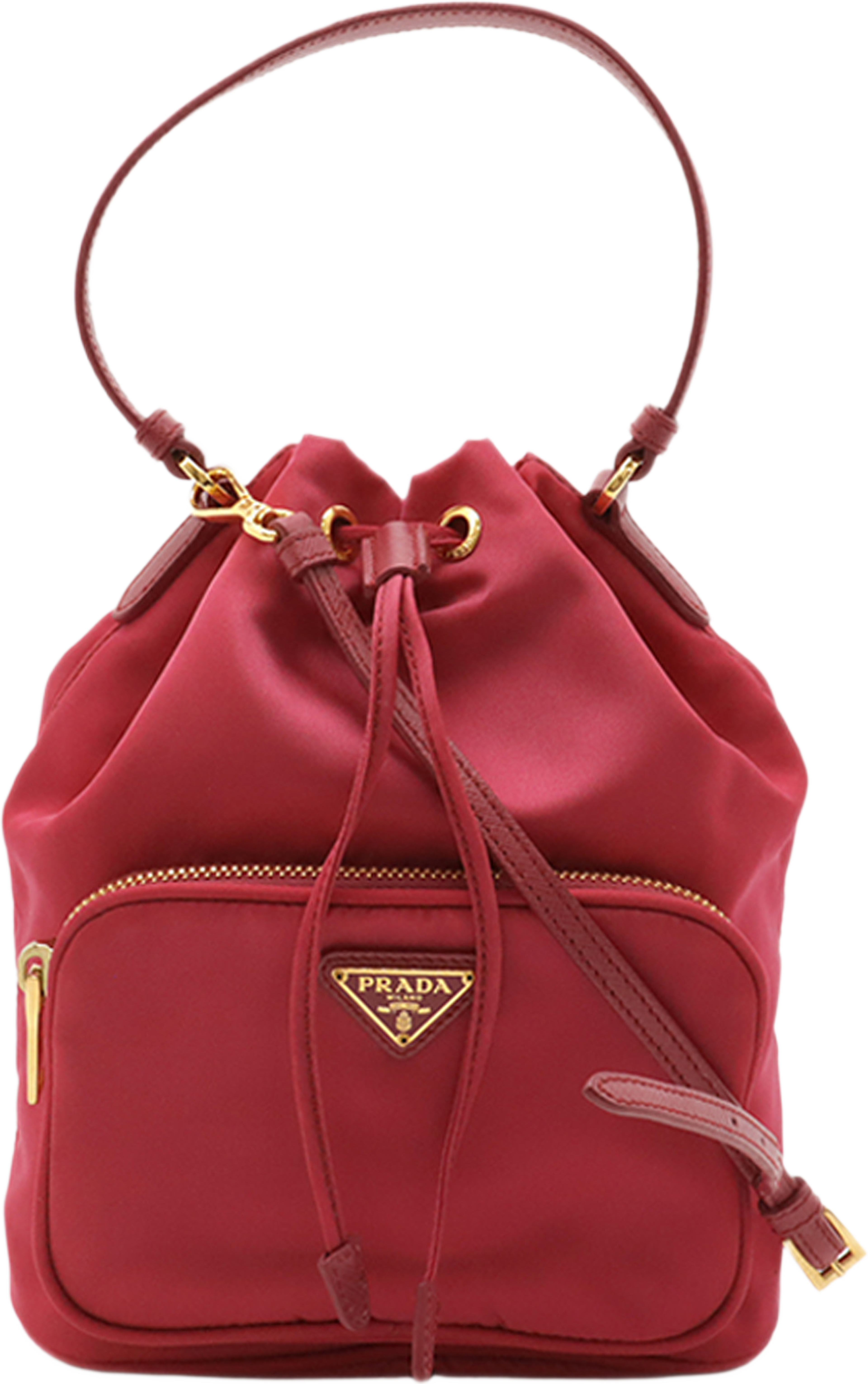 Prada Re Nylon Duet Bucket Bag, från Luxclusif, i färgen röd. Klicka för att öppna bilden i stort format