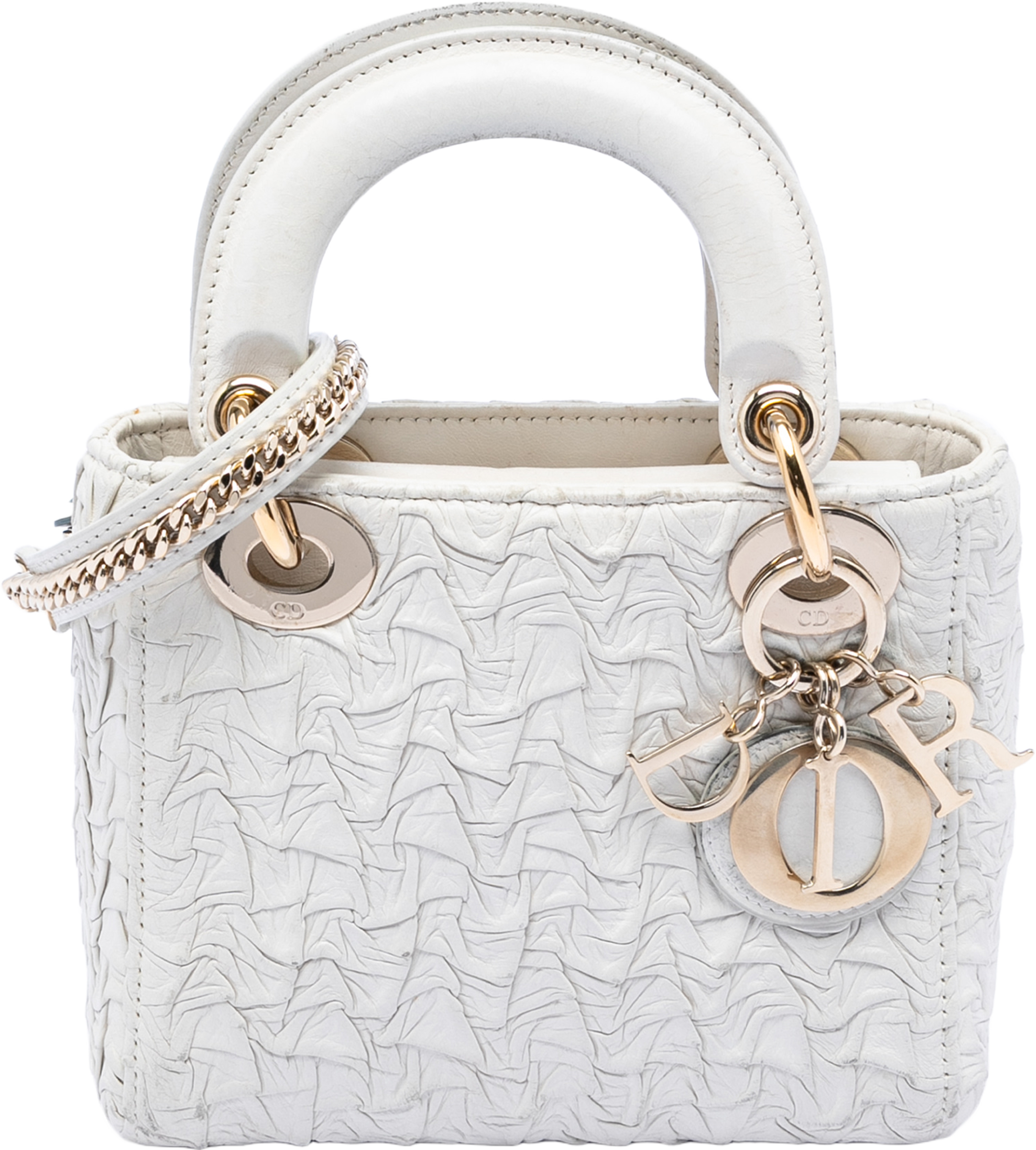 Dior Mini Wavy Crinkled Lambskin Lady Dior, från Luxclusif, i färgen white. Klicka för att öppna bilden i stort format