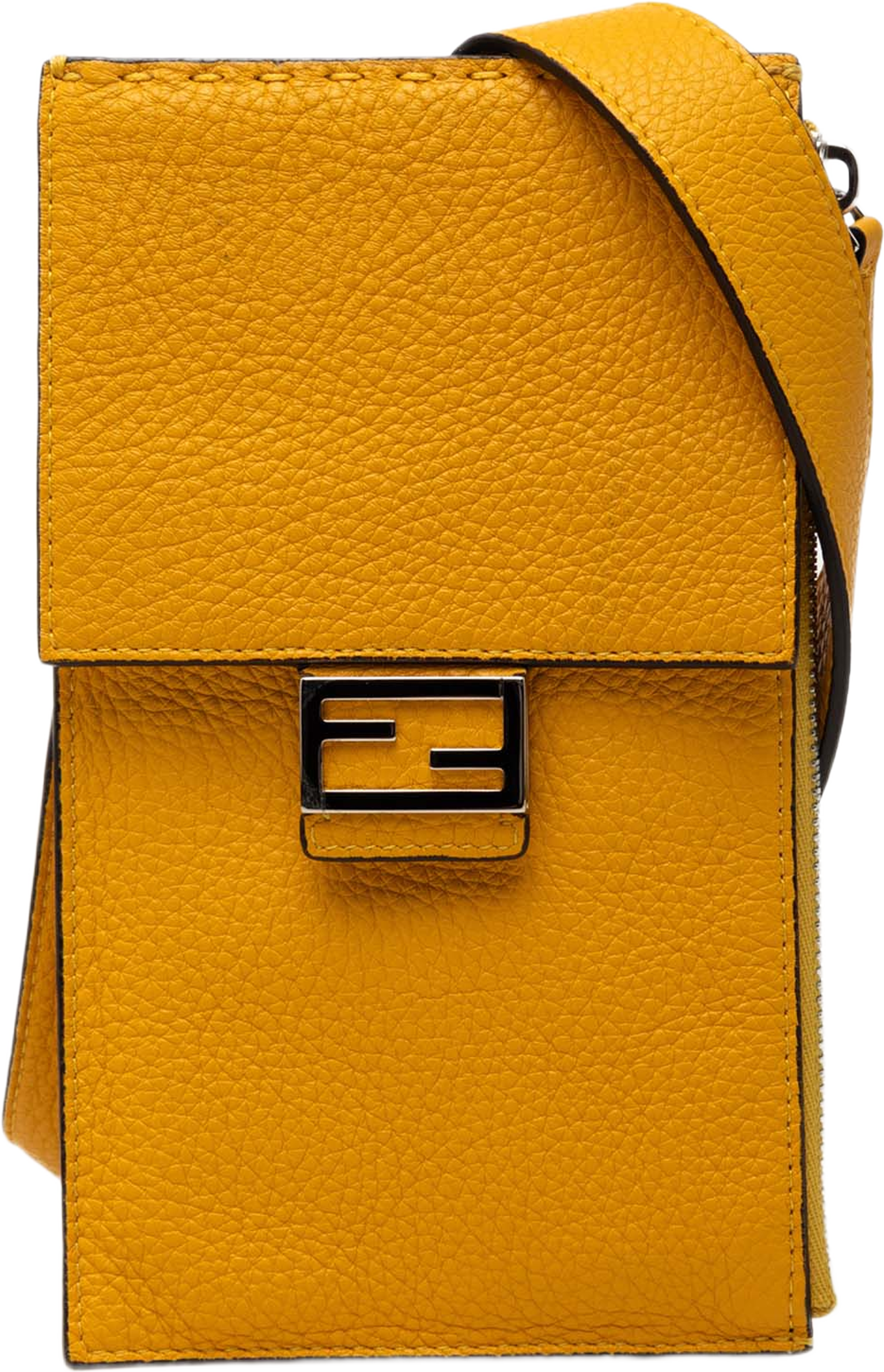 Fendi Leather Baguette Phone Crossbody, från Luxclusif, i färgen mustard. Klicka för att öppna bilden i stort format