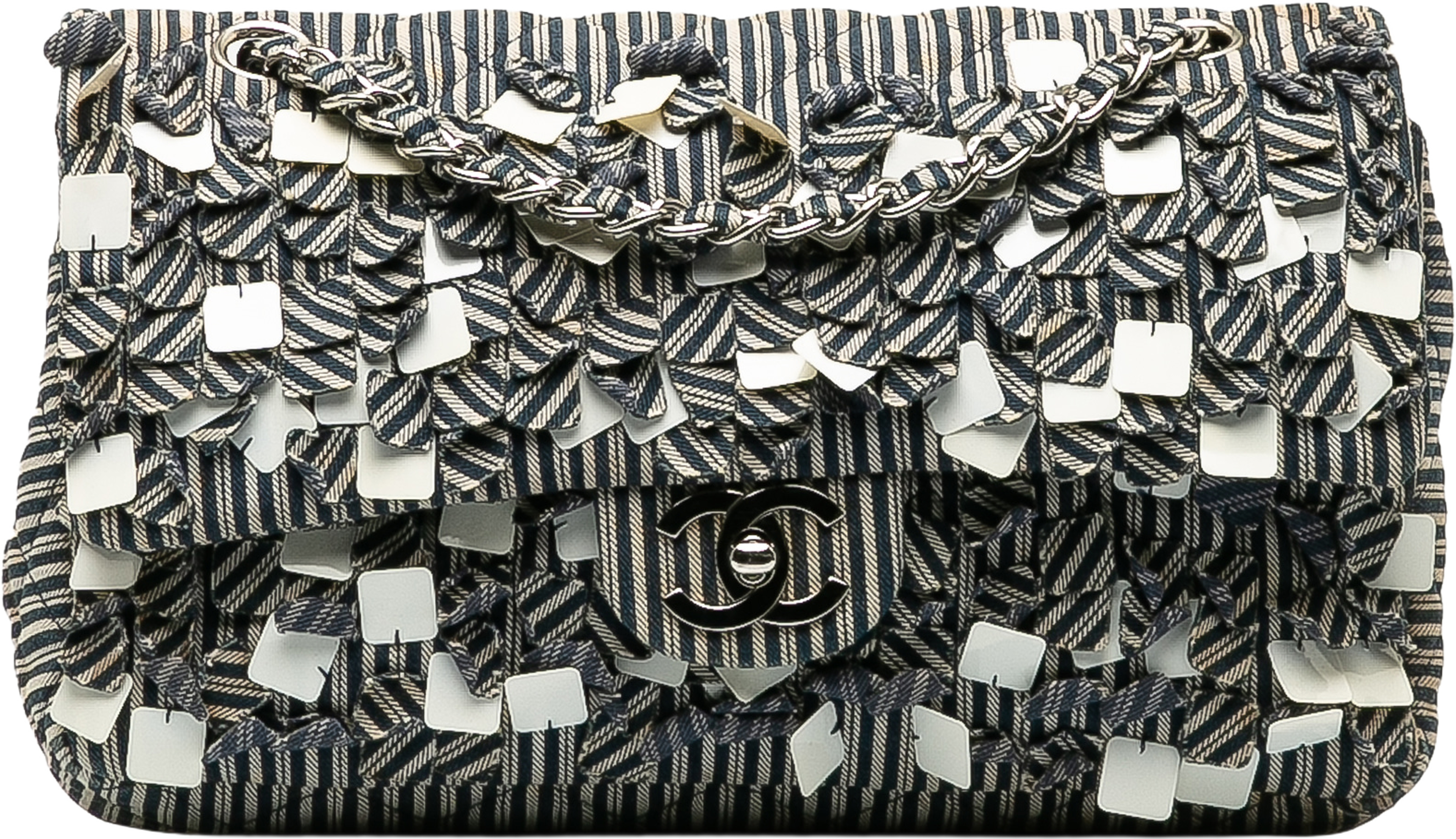 Chanel Medium Cotton Striped Double Flap, från Luxclusif, i färgen blue. Klicka för att öppna bilden i stort format