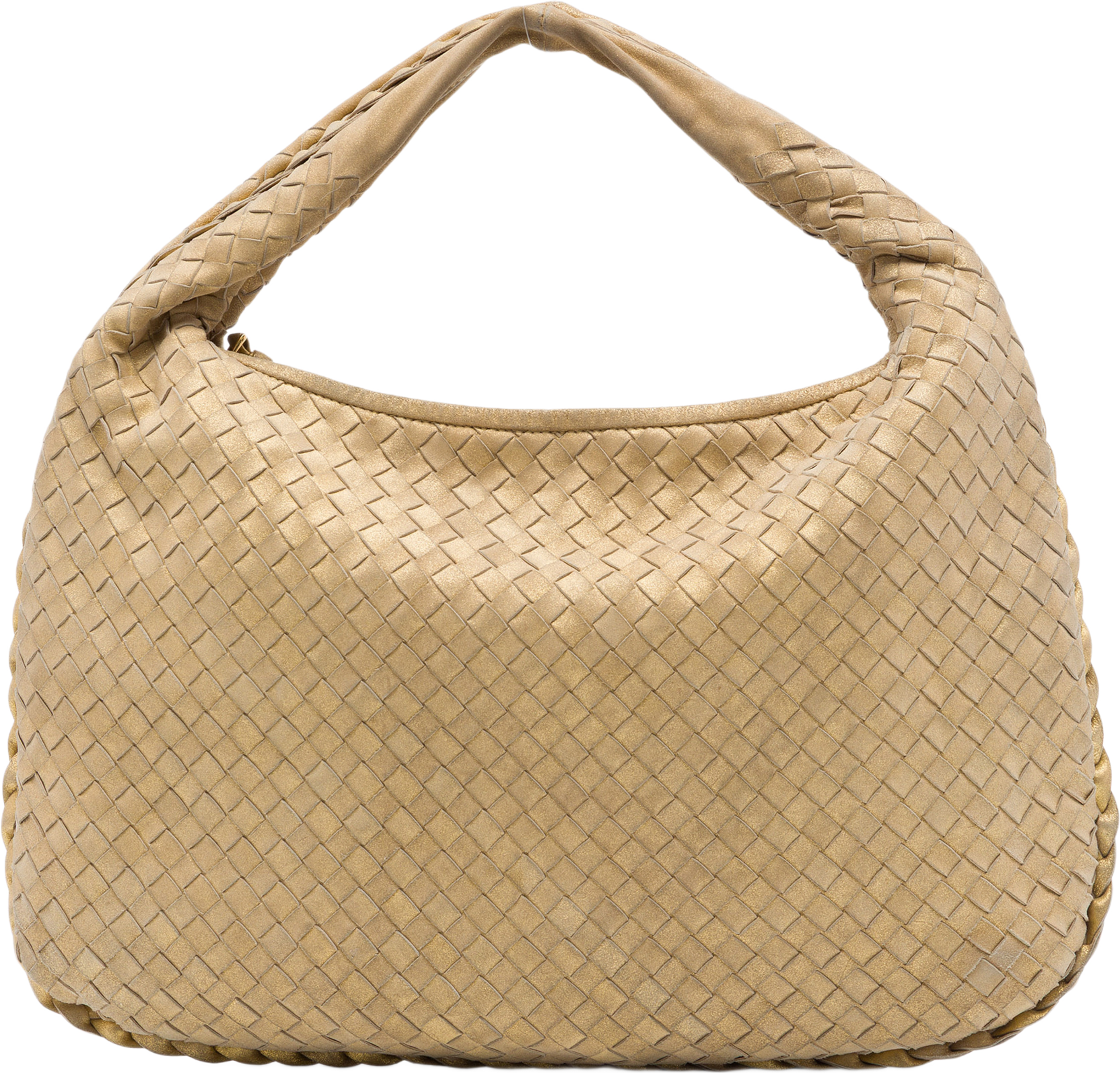 Bottega Veneta Small Metallic Nappa Intrecciato Veneta Hobo, från Luxclusif, i färgen guld. Klicka för att öppna bilden i stort format