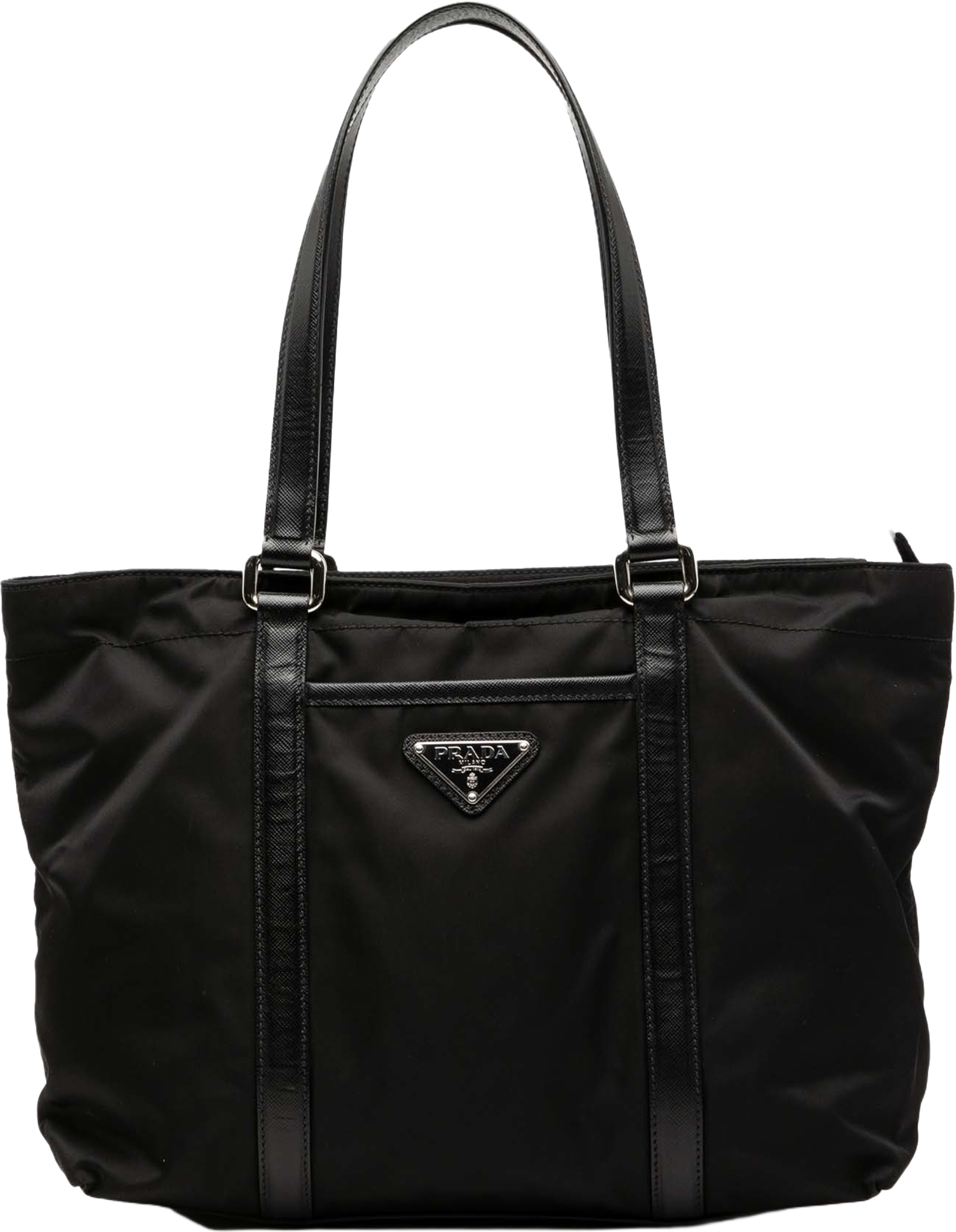 Prada Saffiano Trimmed Tessuto Tote, från Luxclusif, i färgen black. Klicka för att öppna bilden i stort format