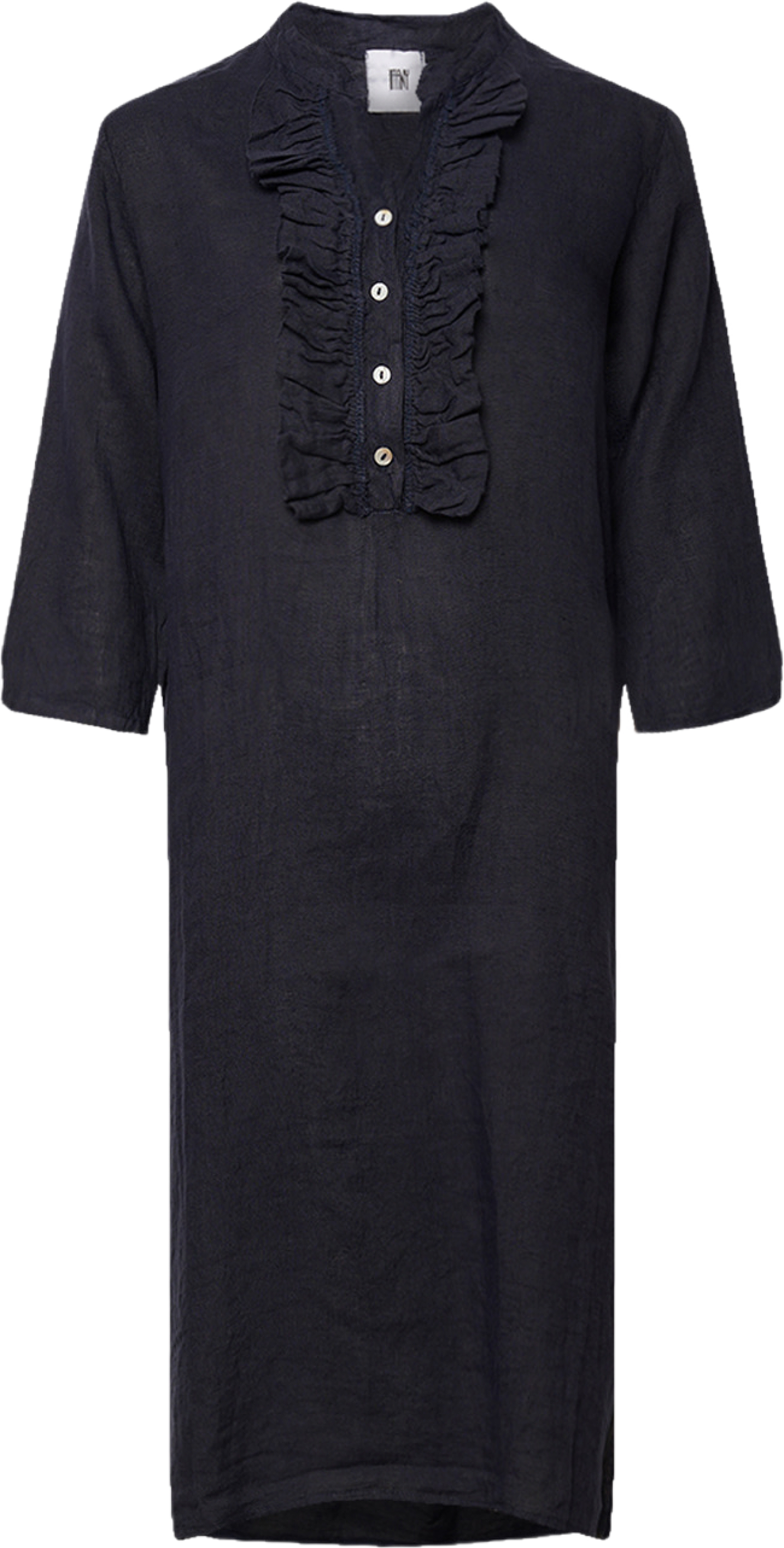 18970r, Long Shirt Dress Ruffle, Linen - Blue Navy