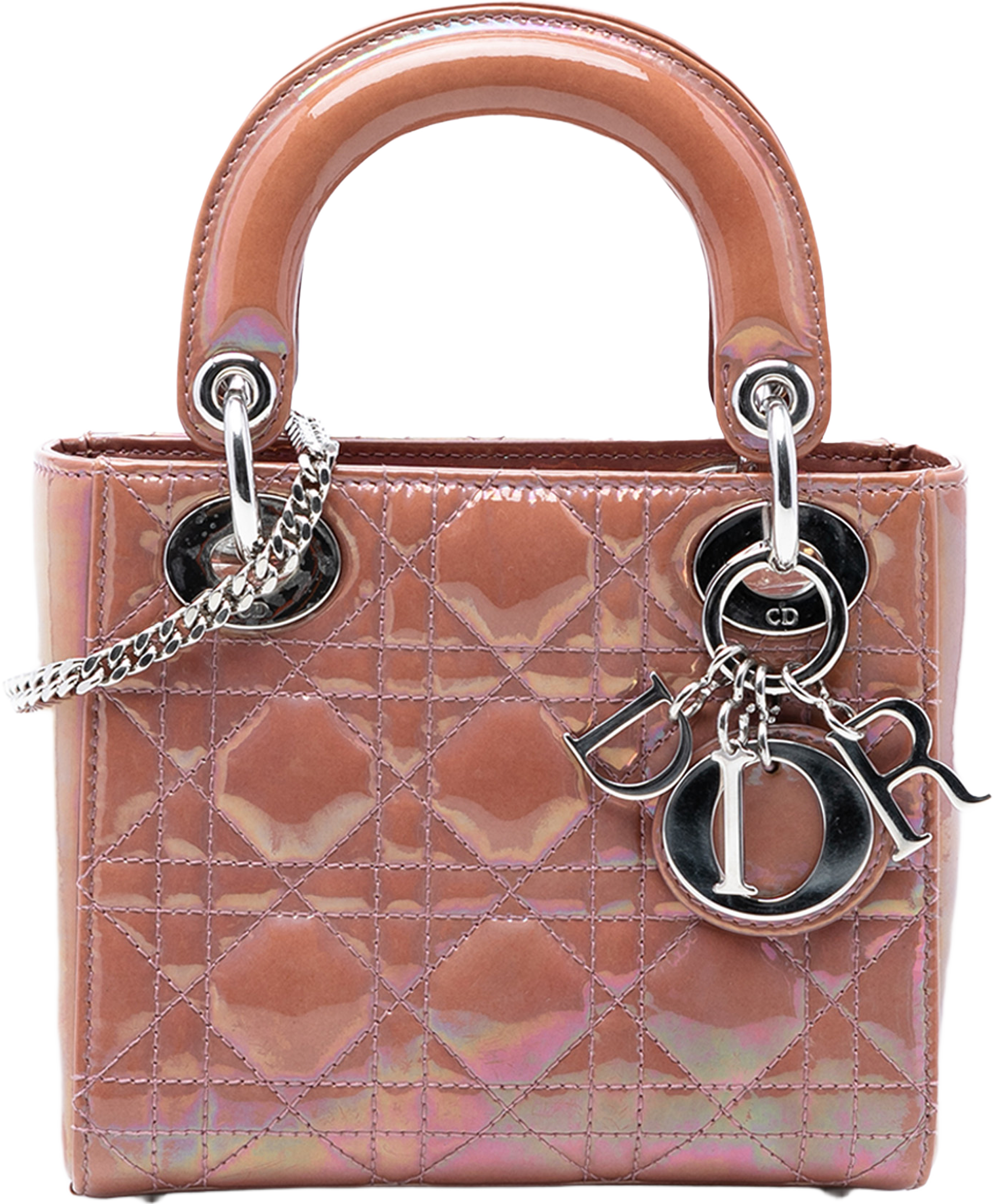 Dior Mini Iridescent Patent Cannage Lady Dior, från Luxclusif, i färgen rose gold. Klicka för att öppna bilden i stort format