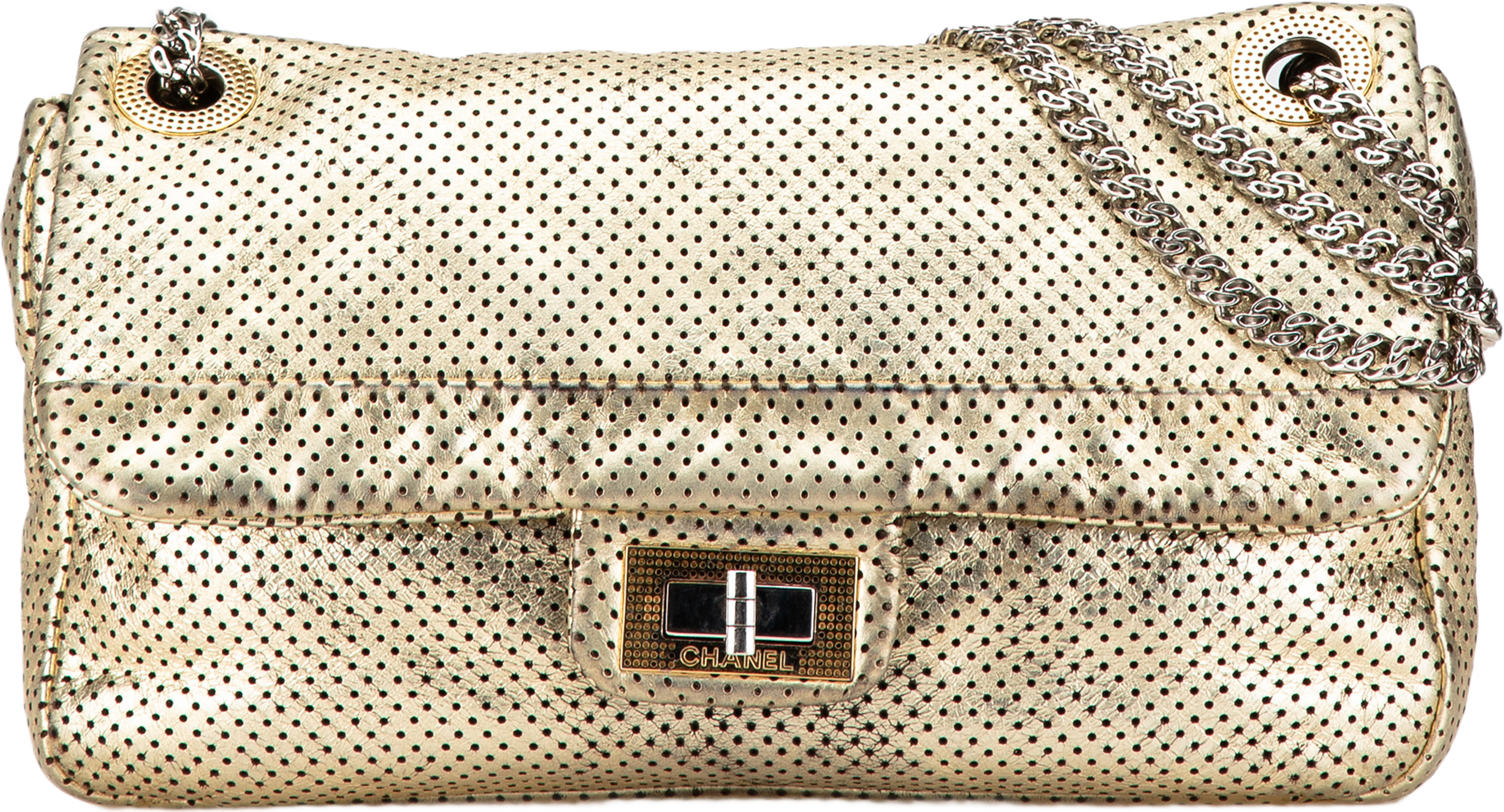 Chanel Medium Perforated Calfskin Reissue Drill Flap, från Luxclusif, i färgen light gold. Klicka för att öppna bilden i stort format