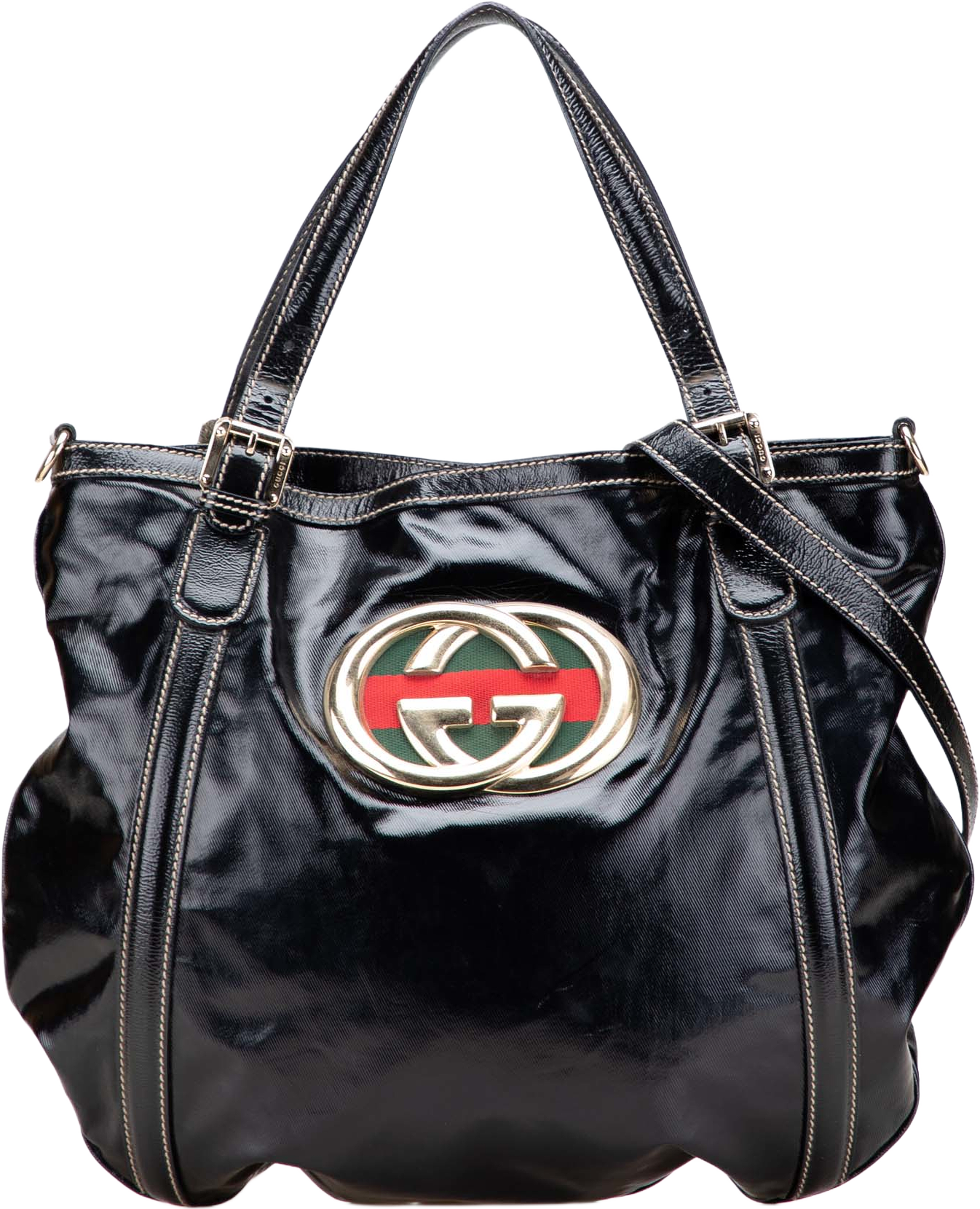 Gucci Medium Patent Web Britt Satchel, från Luxclusif, i färgen black. Klicka för att öppna bilden i stort format