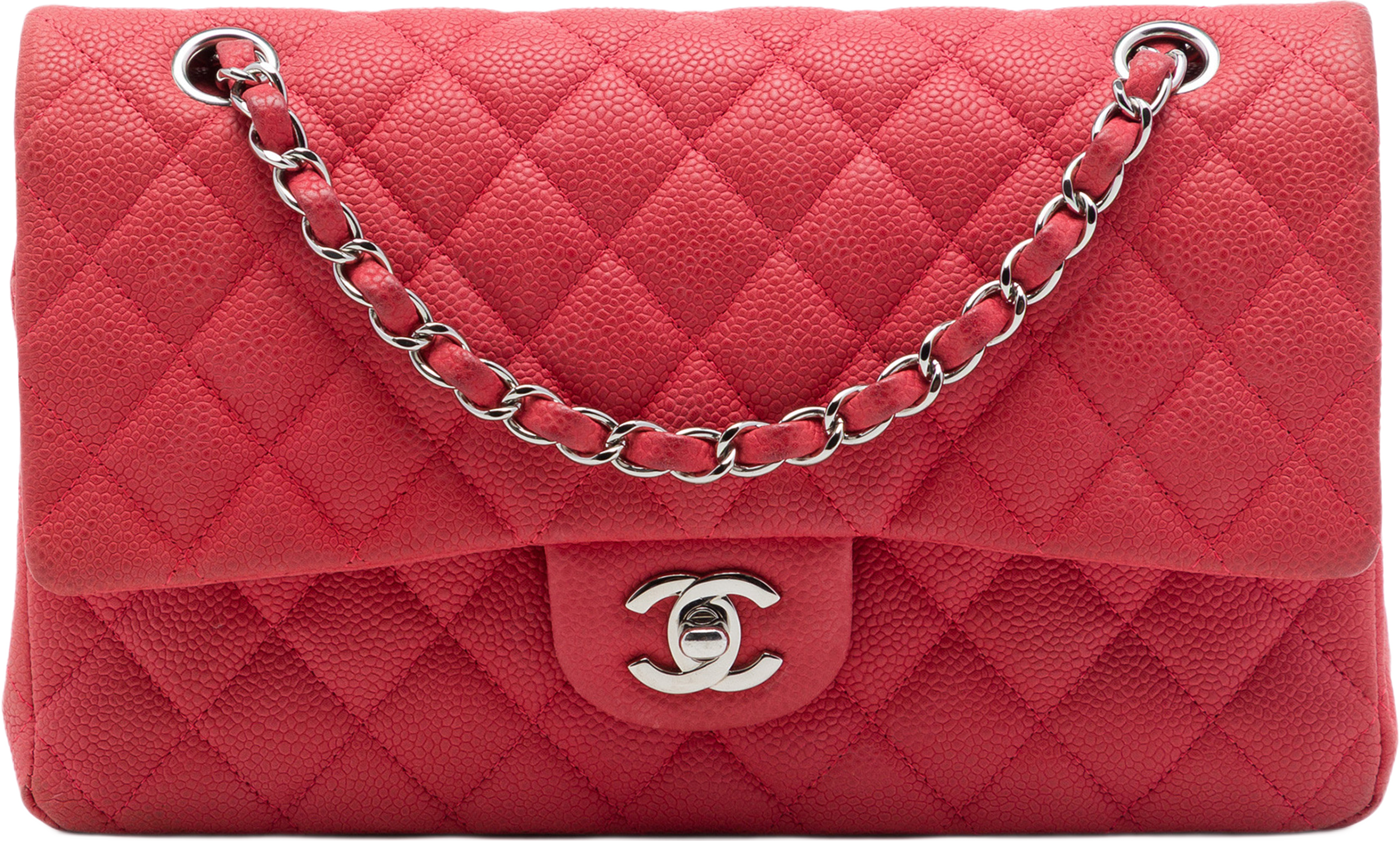 Chanel Medium Classic Caviar Double Flap, från Luxclusif, i färgen röd. Klicka för att öppna bilden i stort format