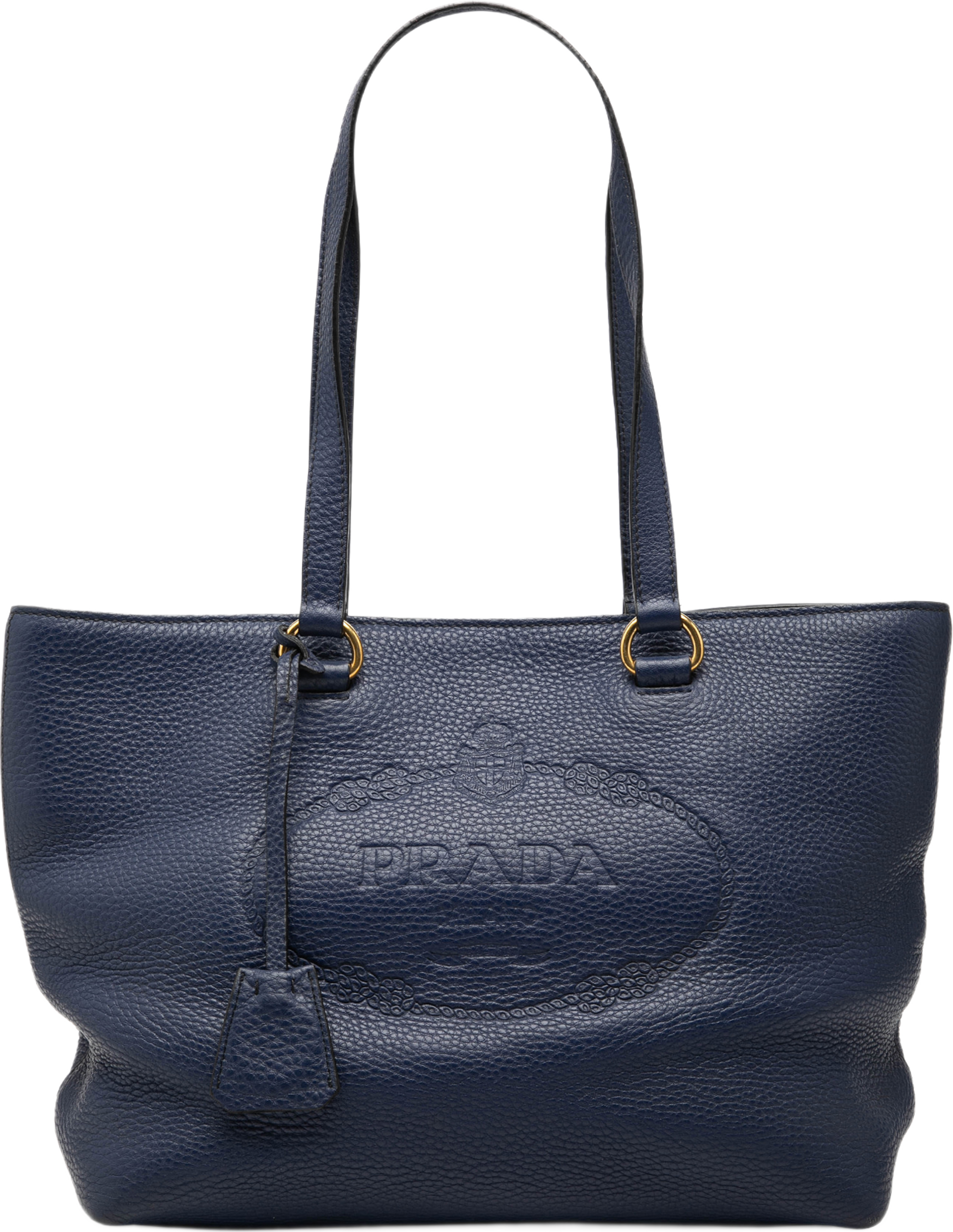 Prada Vitello Daino Canapa Logo Tote, från Luxclusif, i färgen navy. Klicka för att öppna bilden i stort format