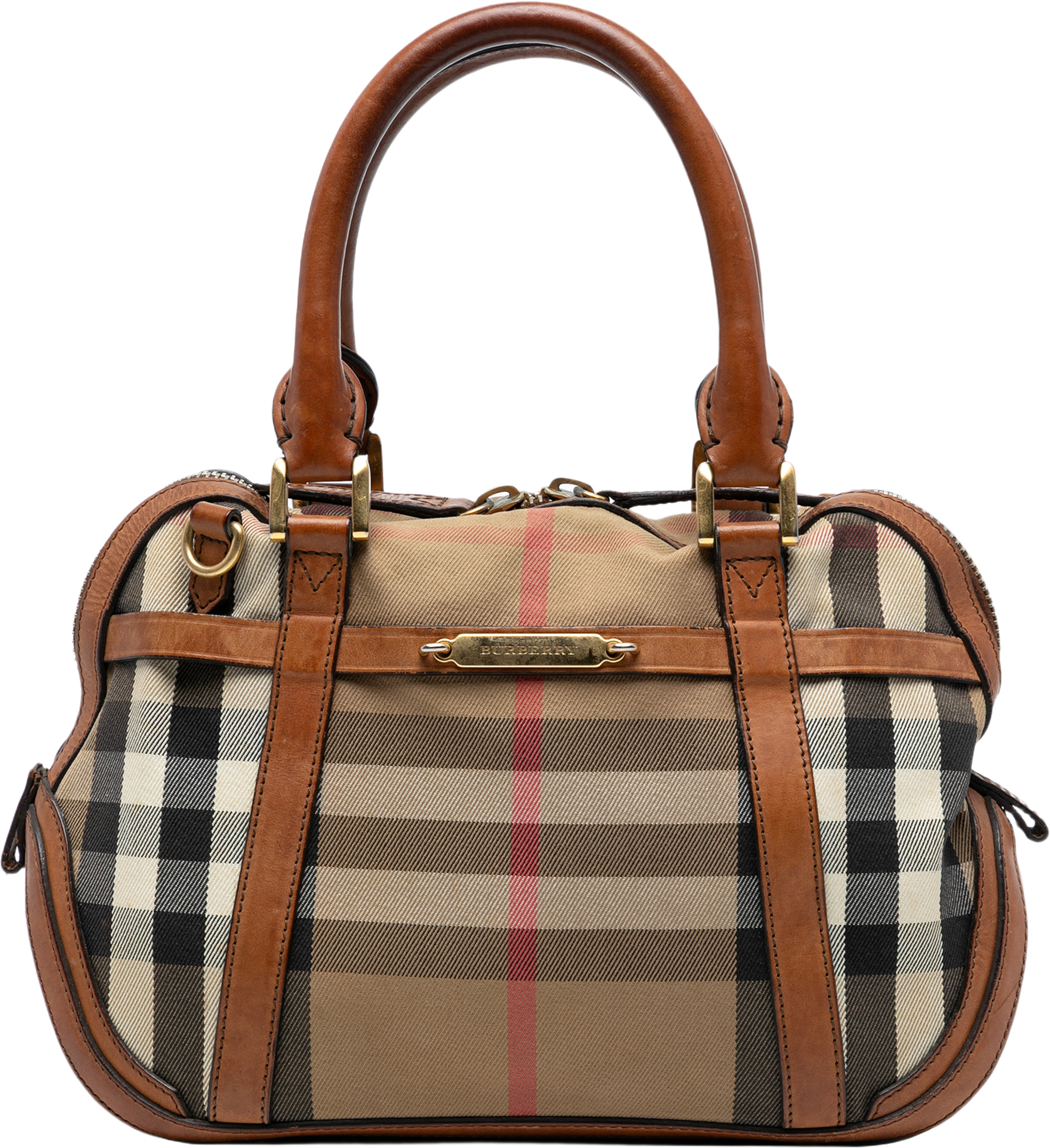 Burberry Small Leather Trimmed House Check Canvas Bridle Orchard Satchel, från Luxclusif, i färgen light brown. Klicka för att öppna bilden i stort format
