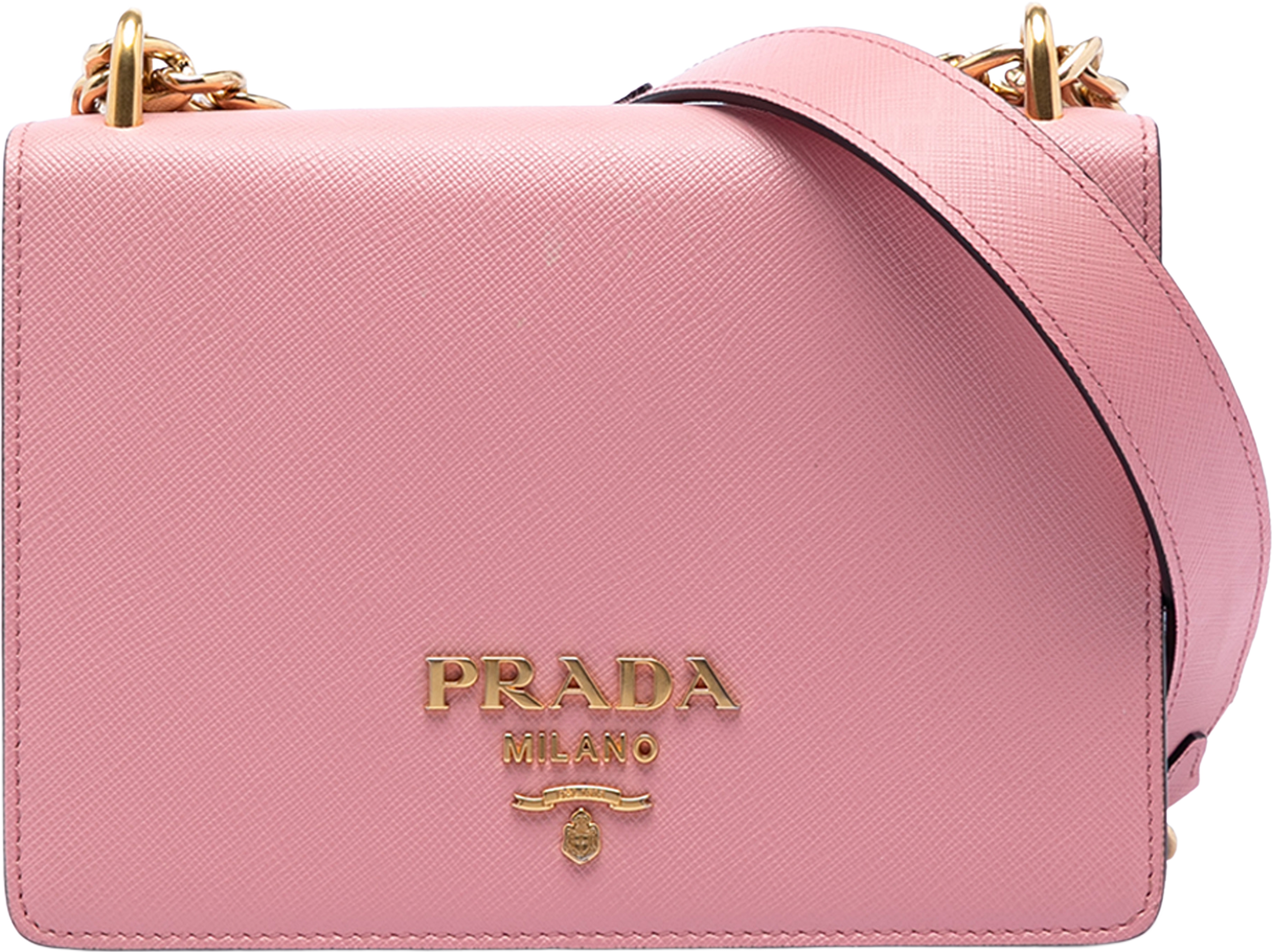 Prada Saffiano Lux Chain Crossbody, från Luxclusif, i färgen pink. Klicka för att öppna bilden i stort format