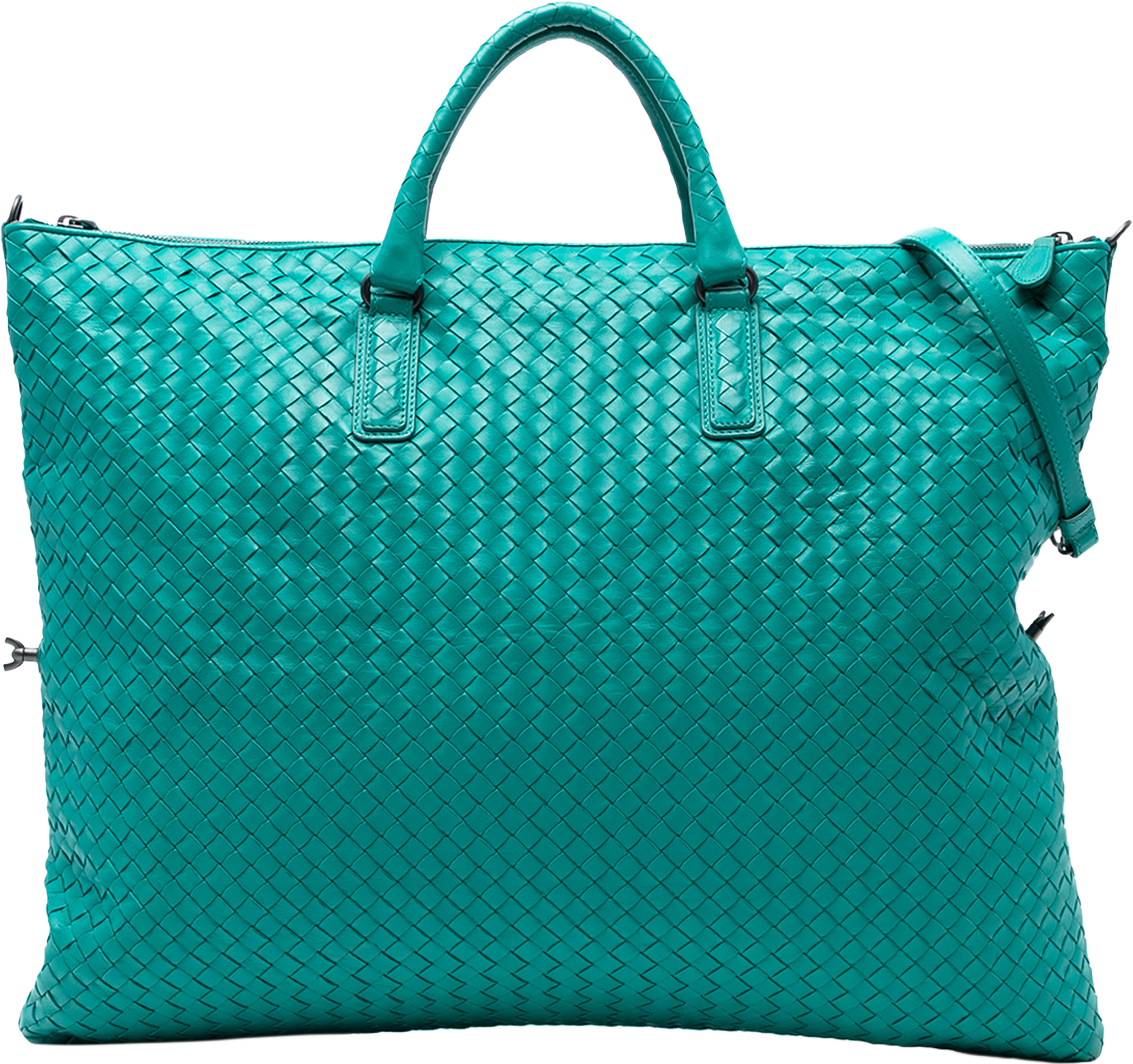 Bottega Veneta Maxi Nappa Intrecciato Convertible Tote, från Luxclusif, i färgen peacock. Klicka för att öppna bilden i stort format