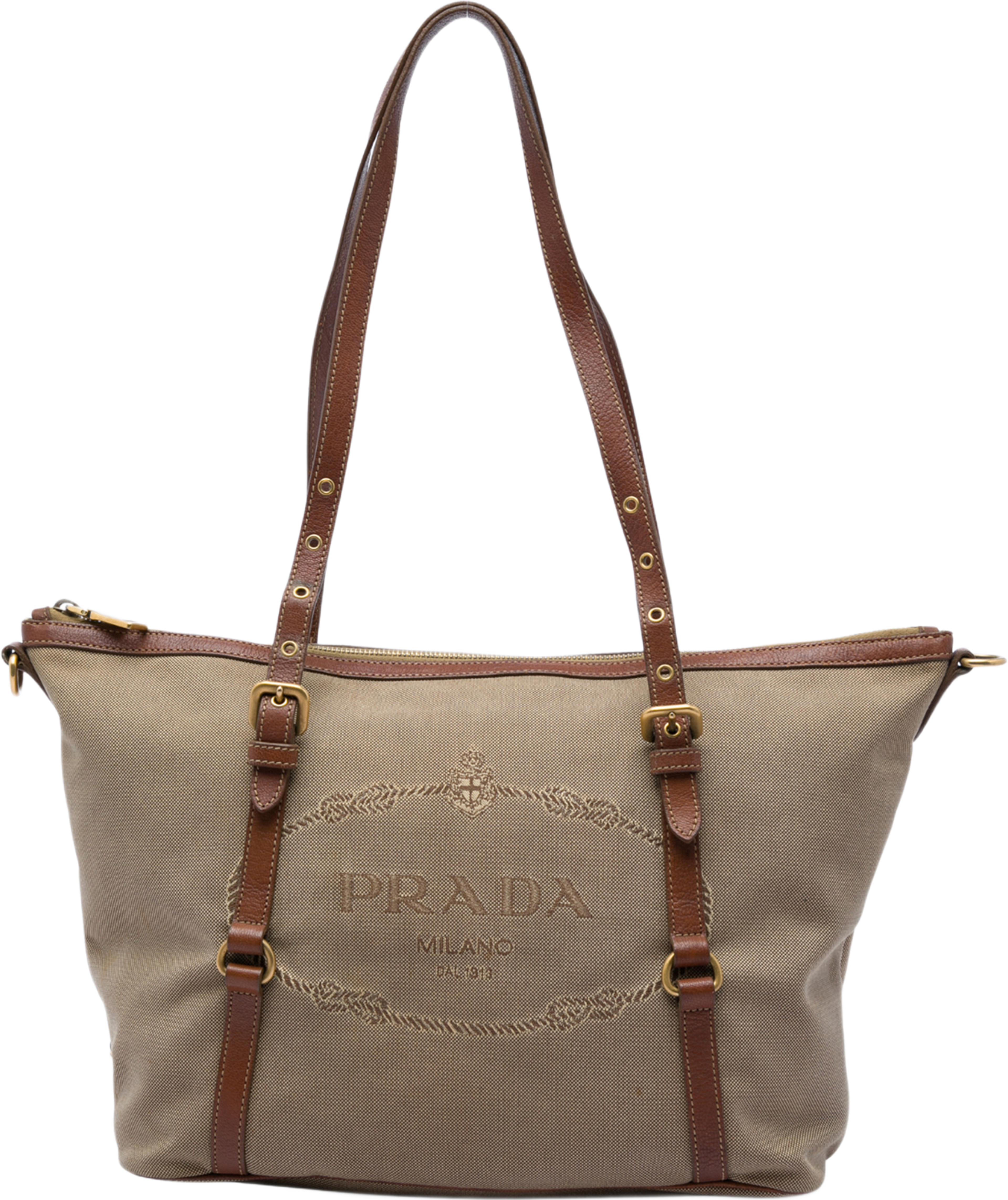 Prada Canvas Canapa Logo Tote, från Luxclusif, i färgen brun. Klicka för att öppna bilden i stort format