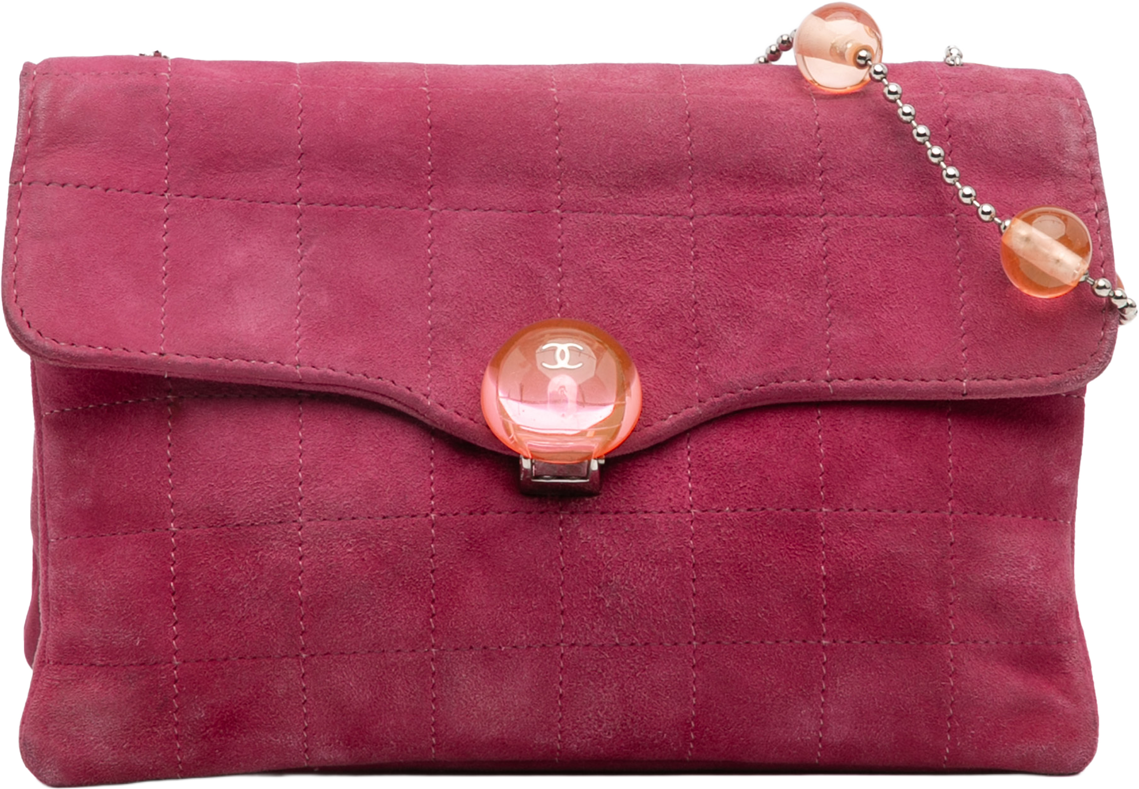 Chanel Cc Choco Bar Suede Beaded Chain Flap, från Luxclusif, i färgen dark pink. Klicka för att öppna bilden i stort format