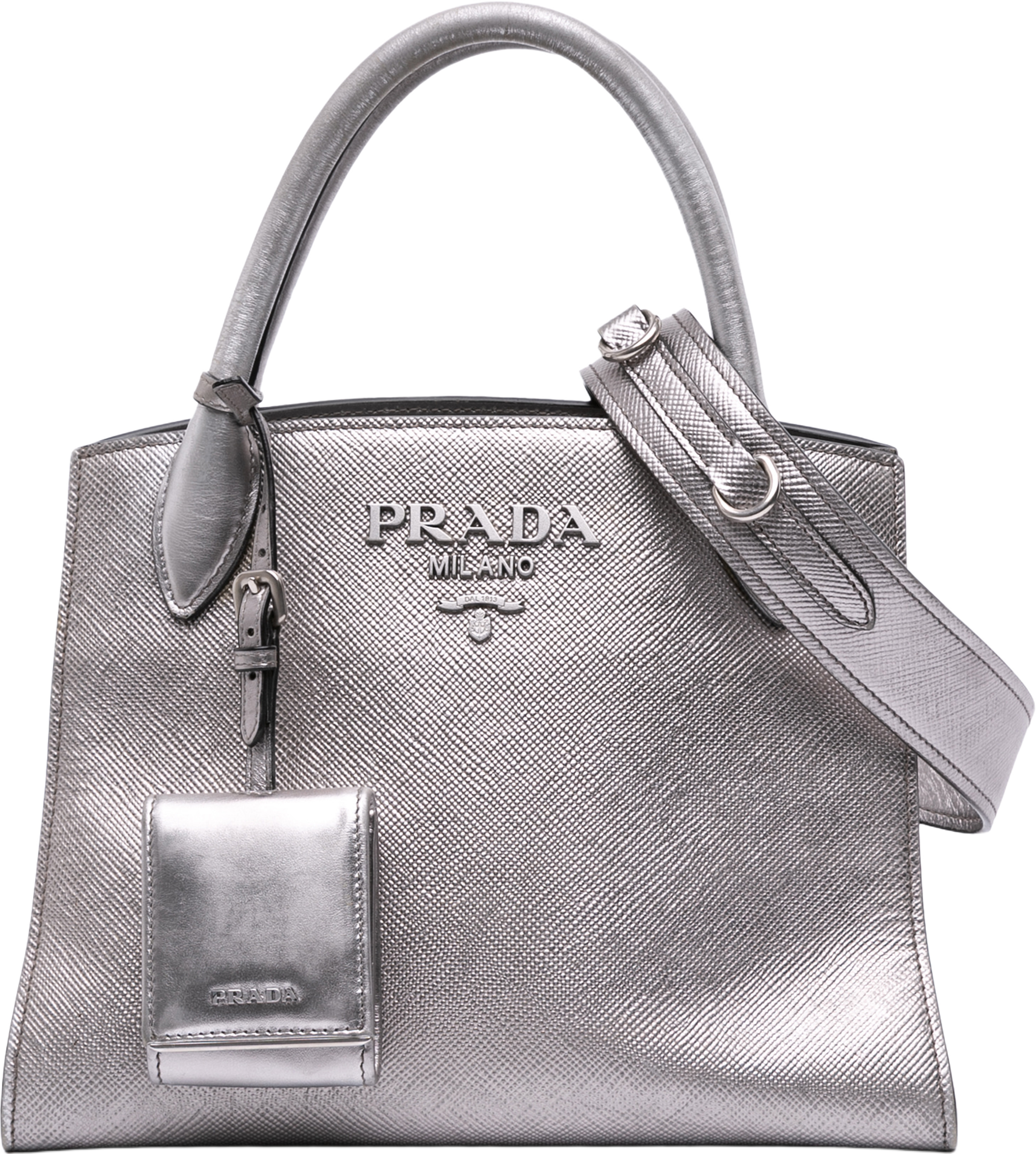 Prada Small Saffiano Cuir Monochrome Top Handle Tote, från Luxclusif, i färgen silver. Klicka för att öppna bilden i stort format
