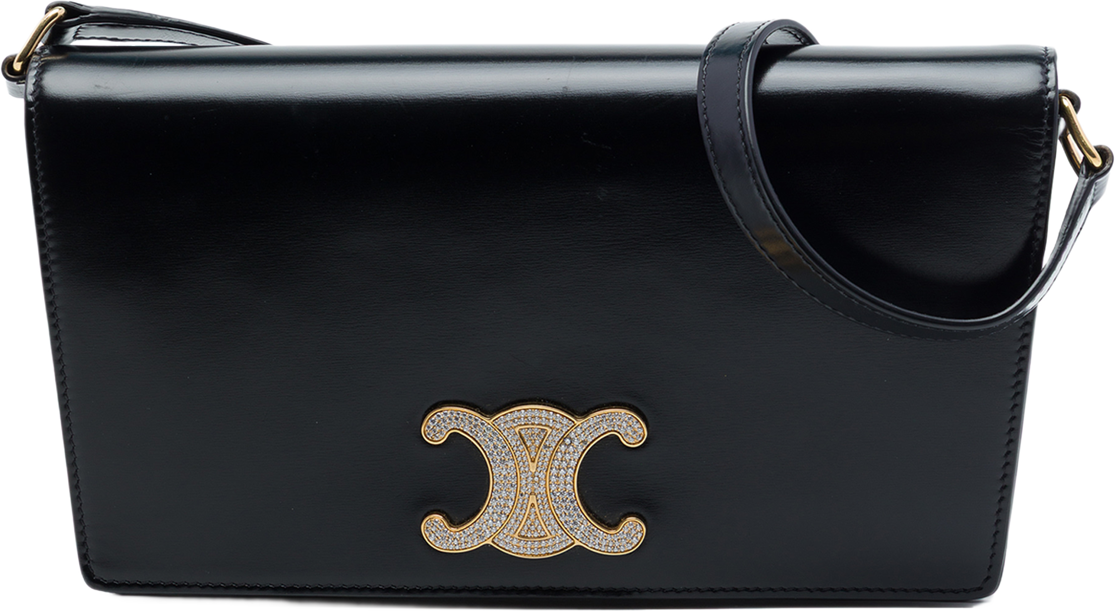 Celine Shiny Calfskin Strass Triomphe Trapeze Shoulder Bag, från Luxclusif, i färgen svart. Klicka för att öppna bilden i stort format