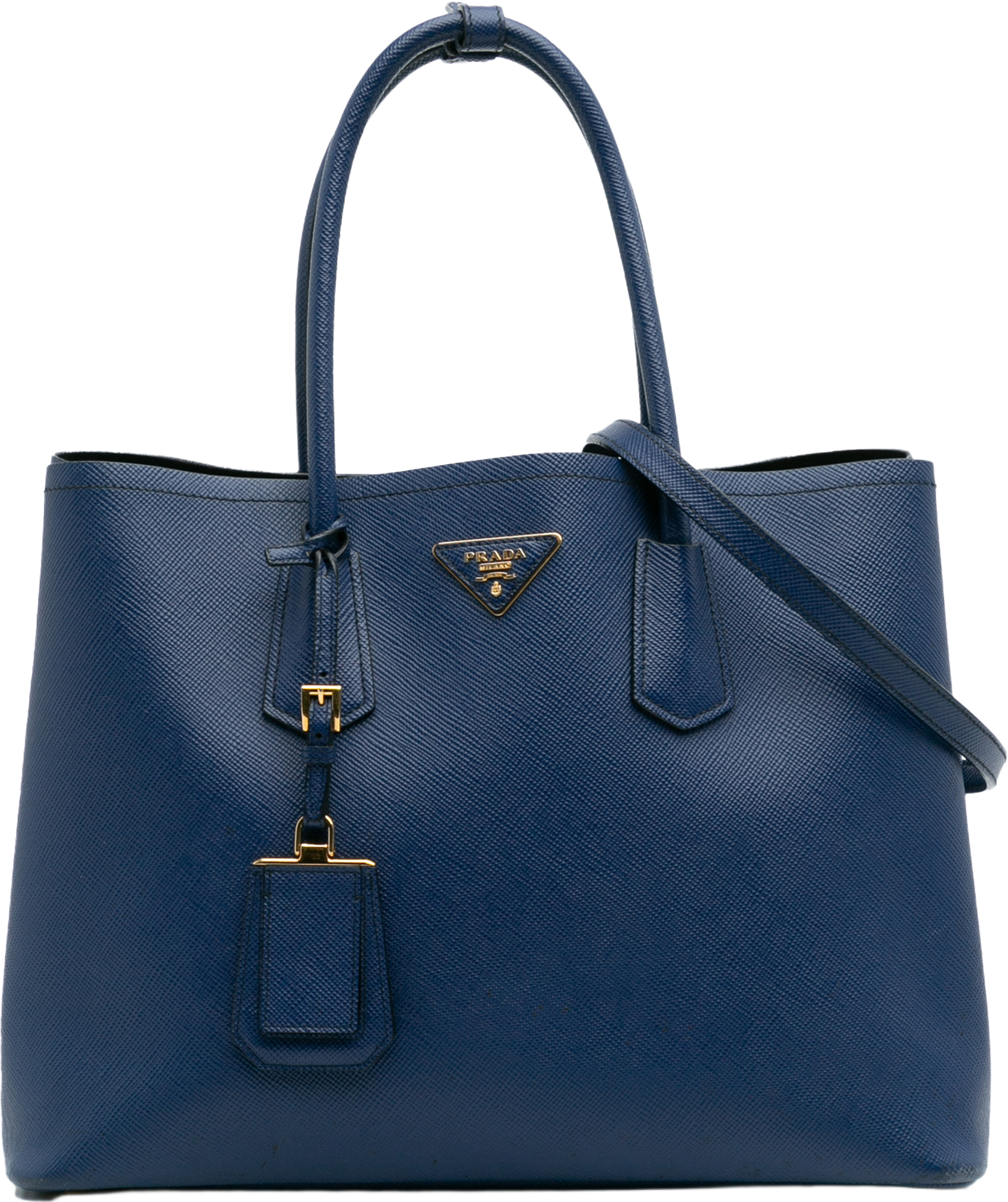 Prada Large Saffiano Cuir Double Satchel, från Luxclusif, i färgen blue. Klicka för att öppna bilden i stort format