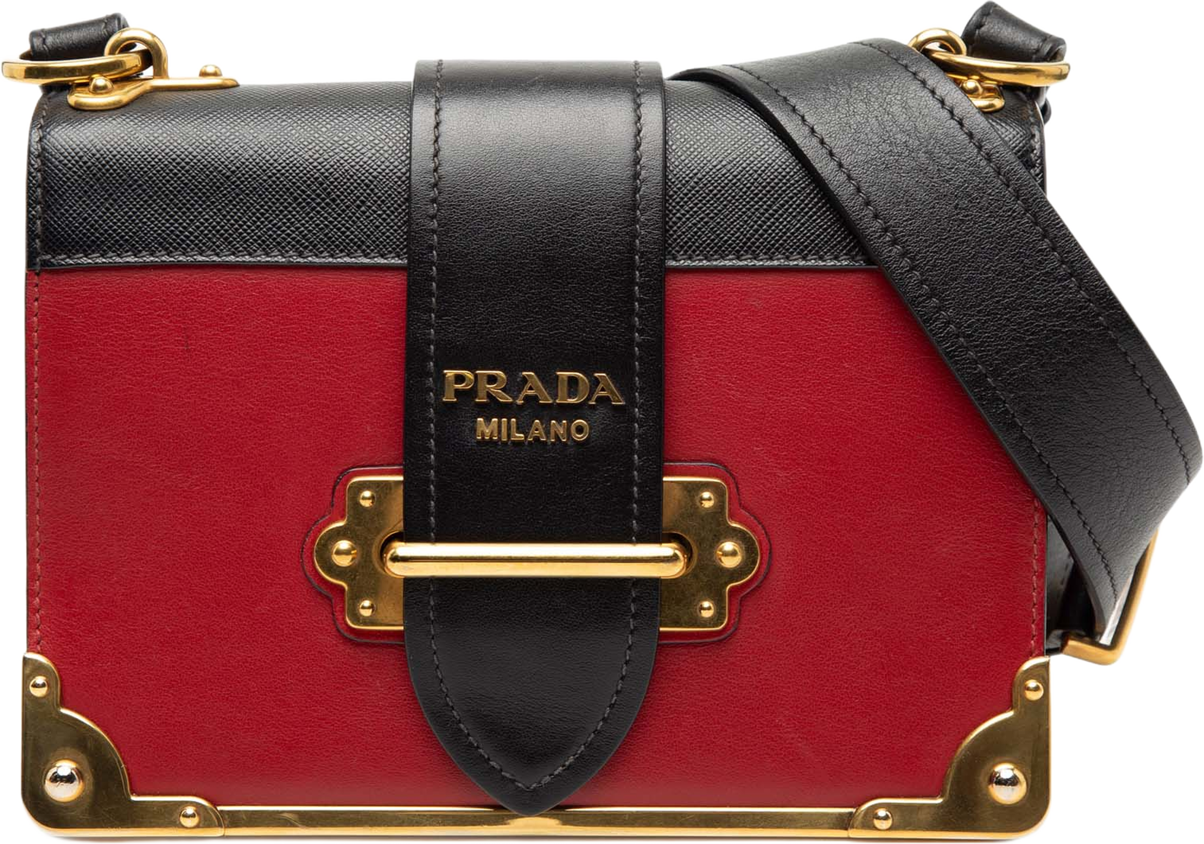 Prada Saffiano Trimmed City Calf Cahier Crossbody, från Luxclusif, i färgen red. Klicka för att öppna bilden i stort format