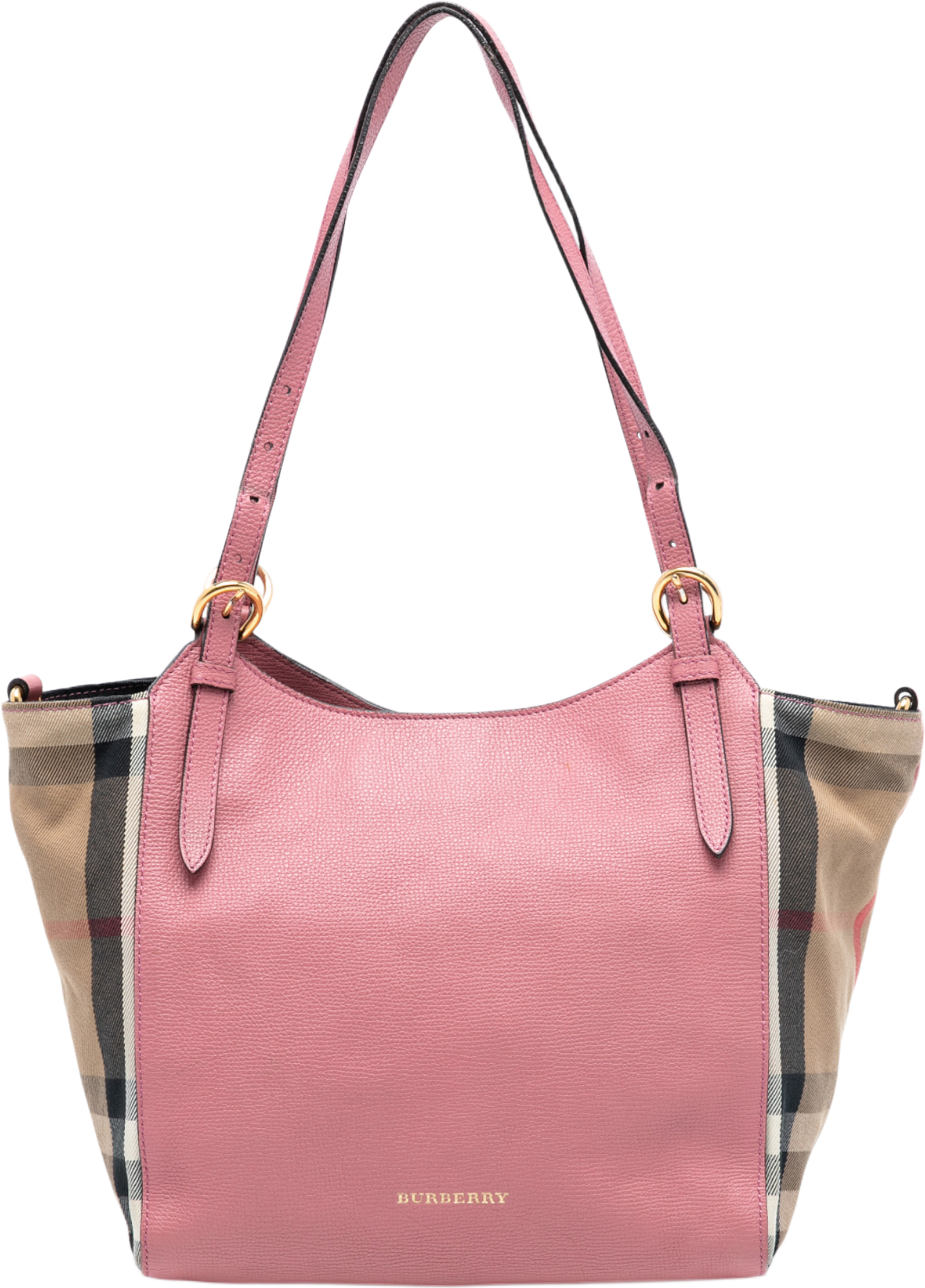 Burberry Small Leather And House Check Canvas Canterbury Tote, från Luxclusif, i färgen pink. Klicka för att öppna bilden i stort format
