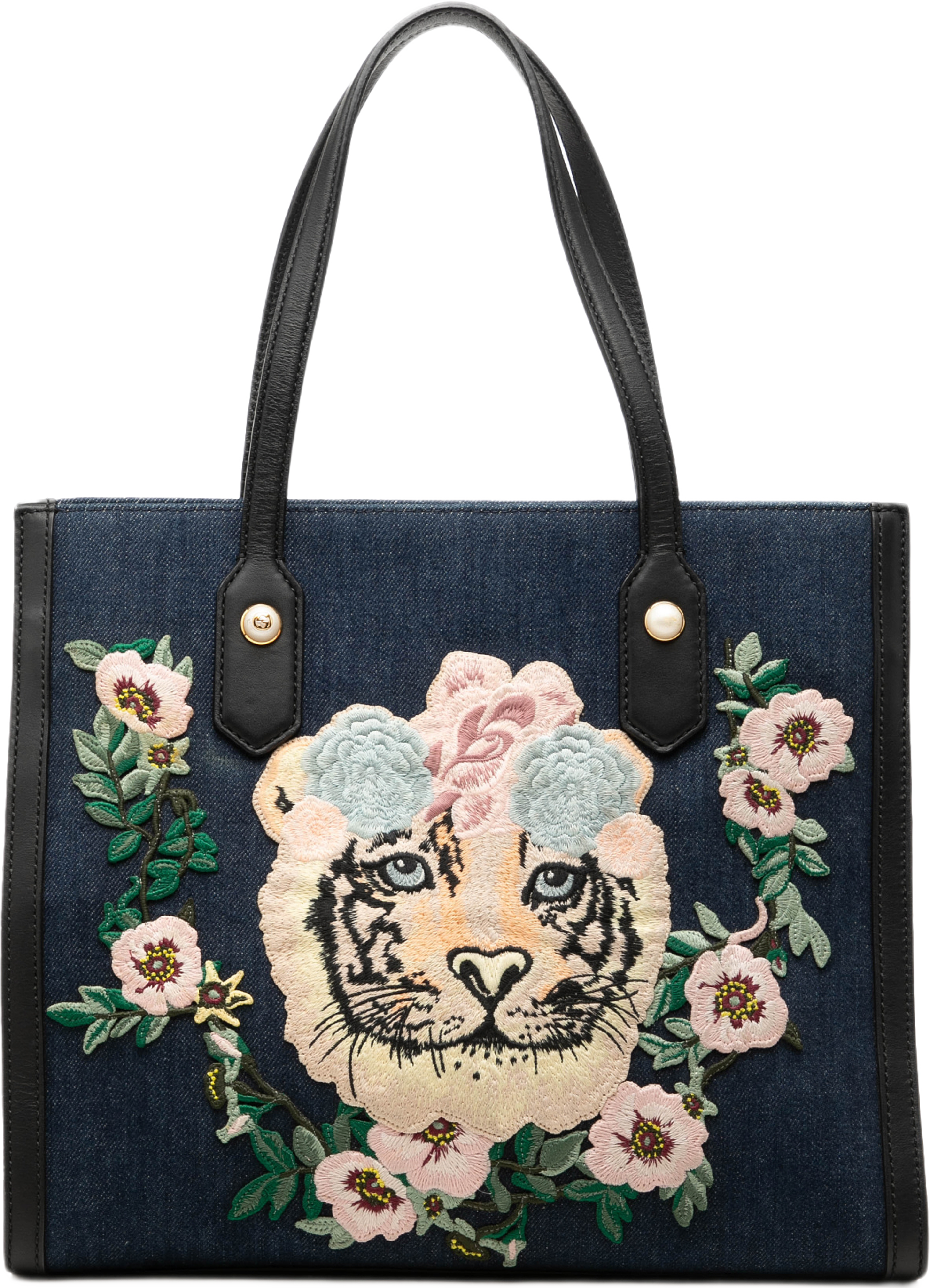 Gucci Denim Embroidered Tiger Tote, från Luxclusif, i färgen blå. Klicka för att öppna bilden i stort format