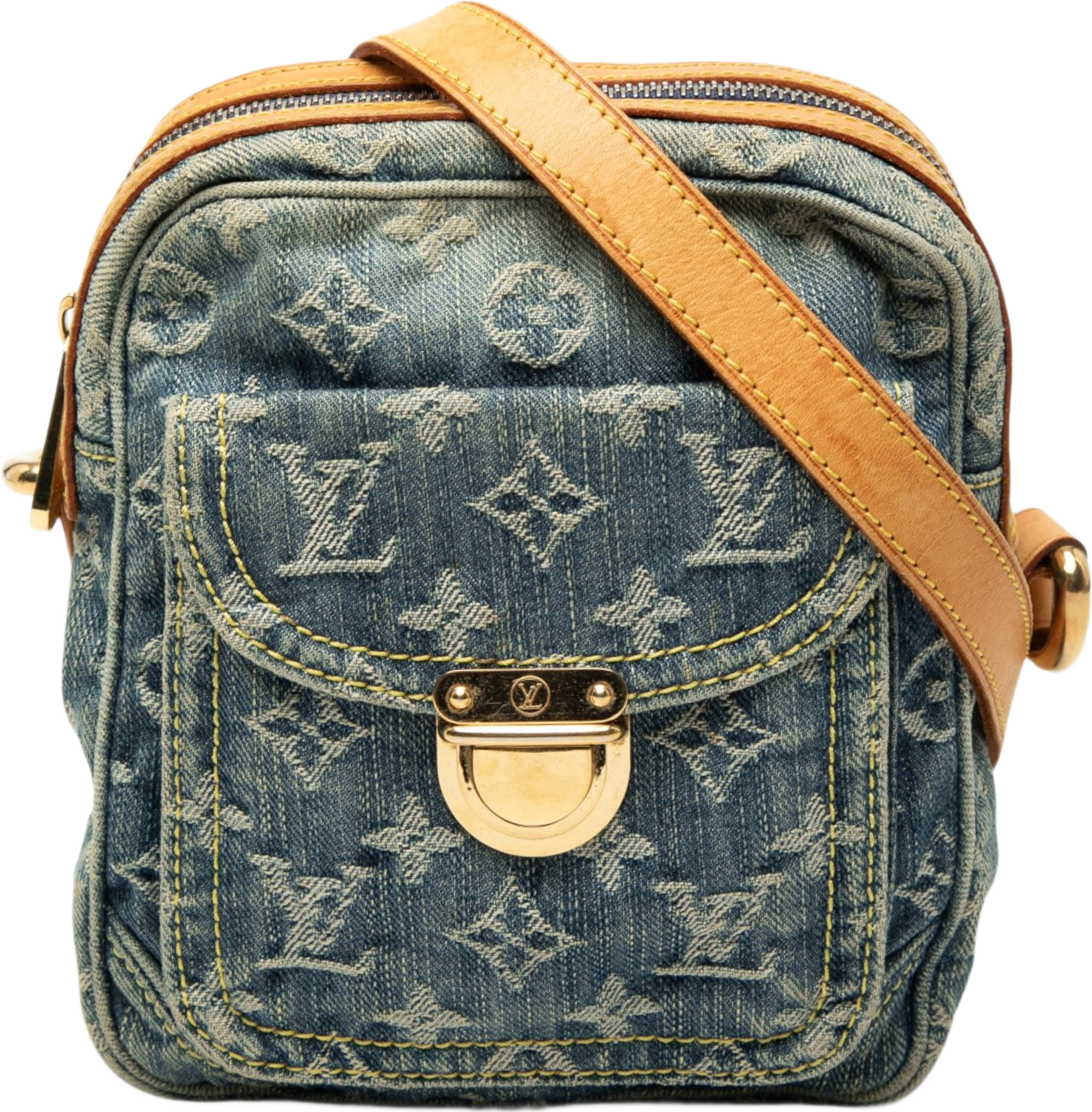 Louis Vuitton Monogram Denim Camera Bag, från Luxclusif, i färgen blå. Klicka för att öppna bilden i stort format